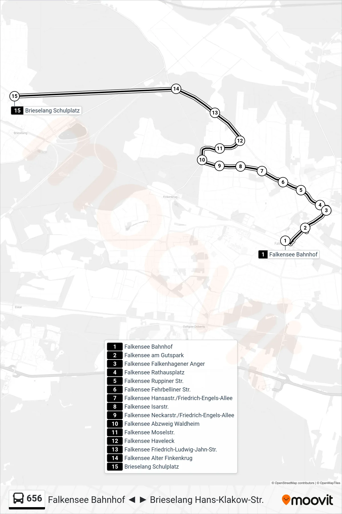 656 bus Line (Brieselang Schulplatz) route and stops on a map