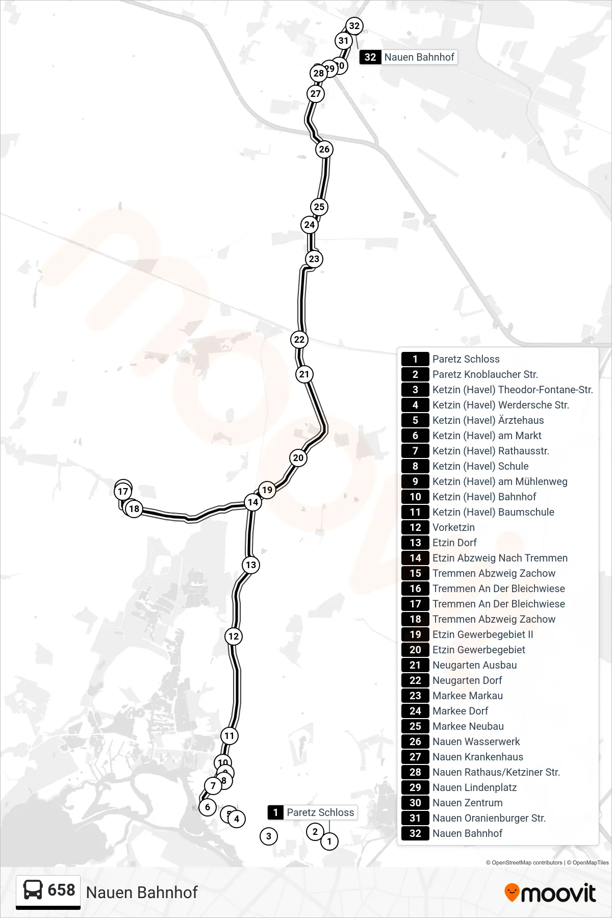 Linie 658 (Bus) Richtung Nauen Bahnhof: Route und Haltestellen auf der Karte