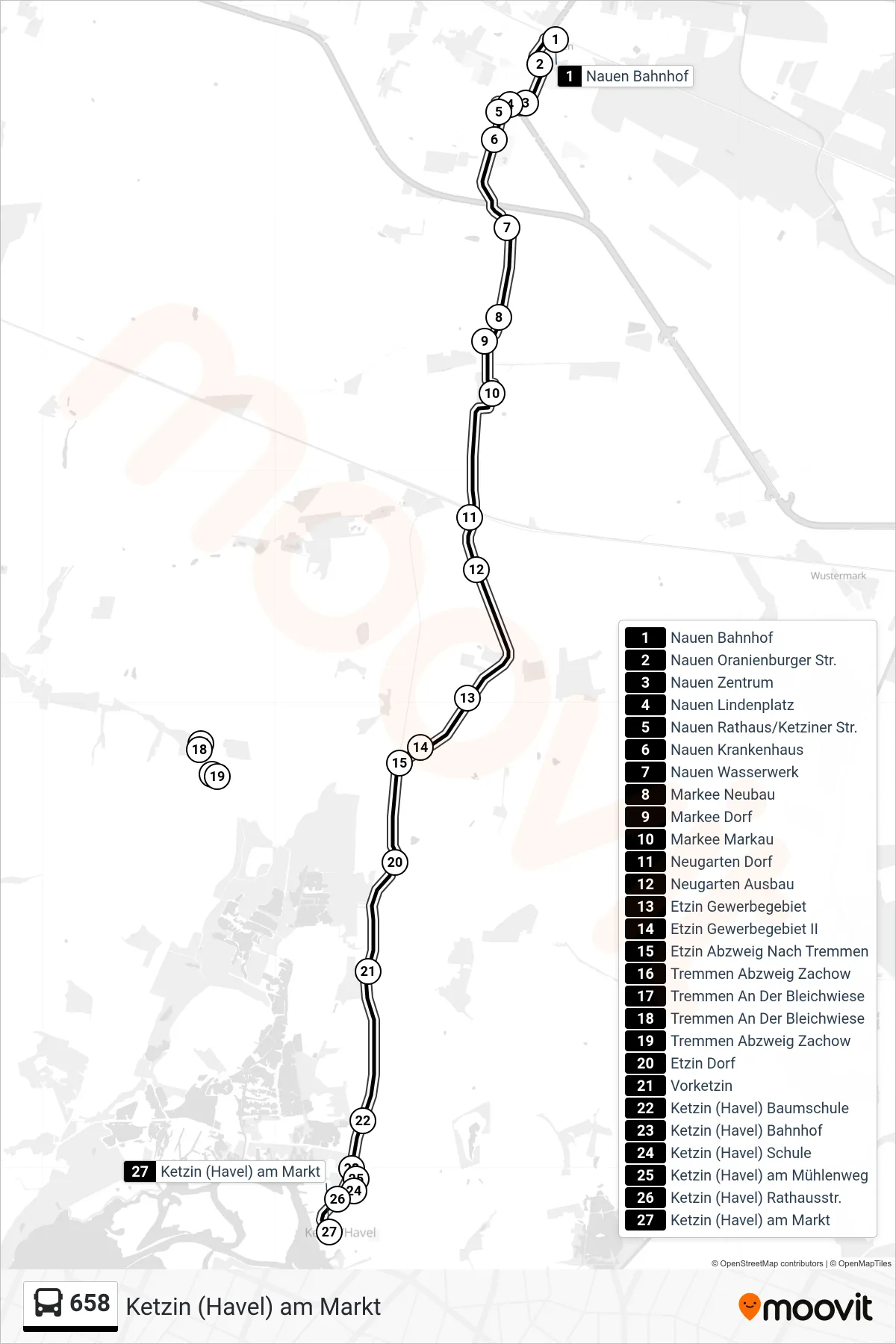 Linie 658 (Bus) Richtung Ketzin (Havel) am Markt: Route und Haltestellen auf der Karte