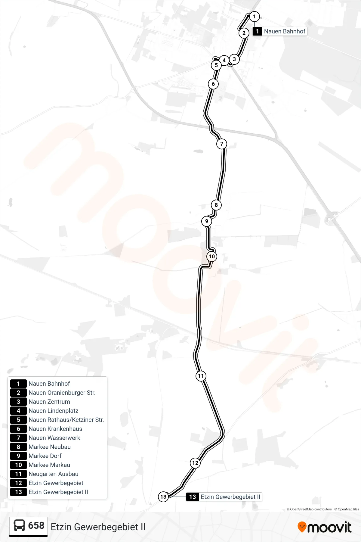 Linie 658 (Bus) Richtung Etzin Gewerbegebiet II: Route und Haltestellen auf der Karte