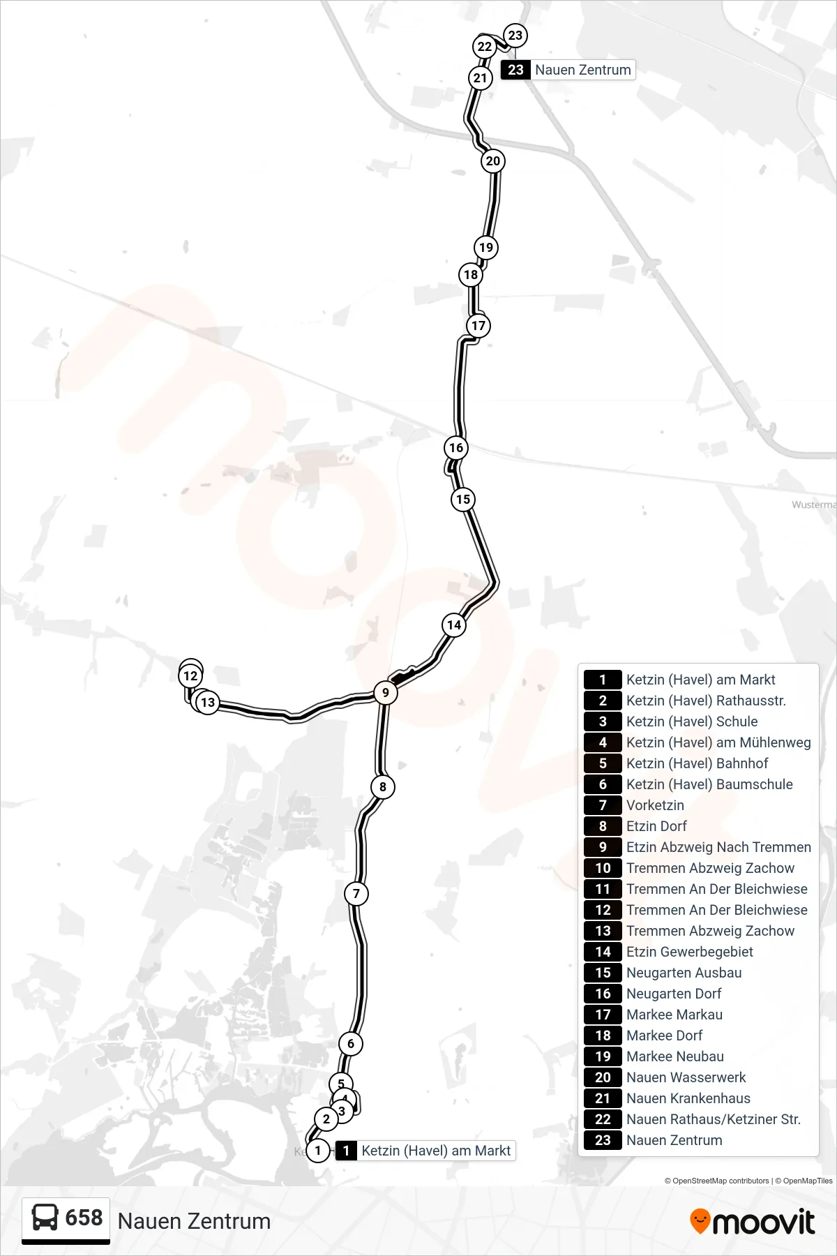 Linie 658 (Bus) Richtung Nauen Zentrum: Route und Haltestellen auf der Karte