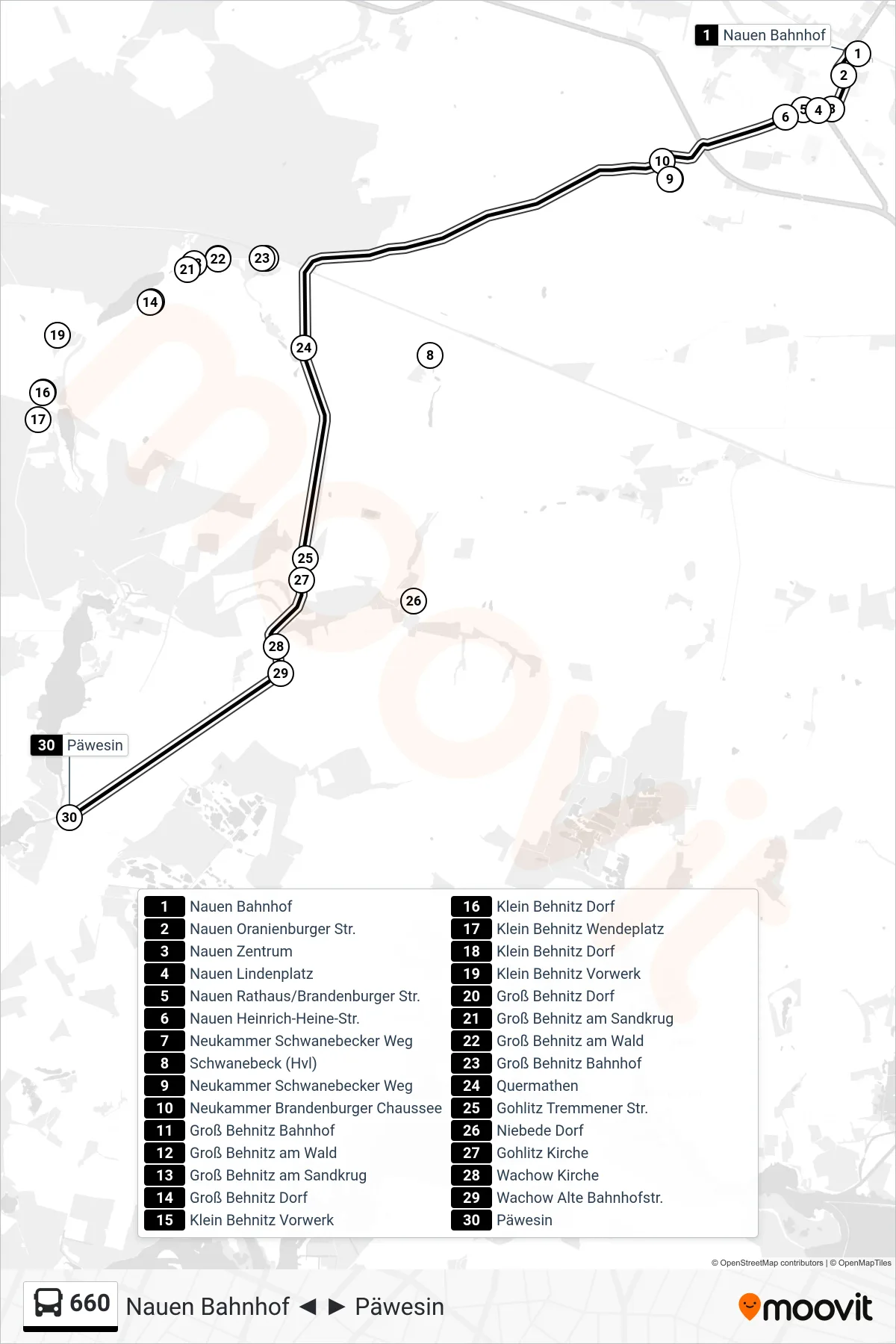 Linie 660 (Bus) Richtung Päwesin: Route und Haltestellen auf der Karte