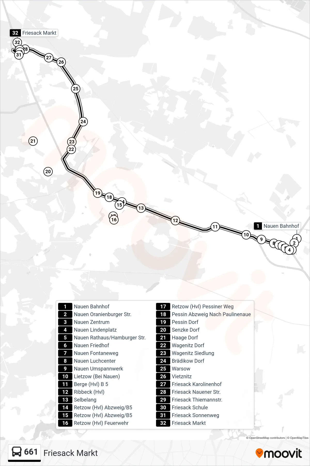 Linie 661 (Bus) Richtung Friesack Markt: Route und Haltestellen auf der Karte