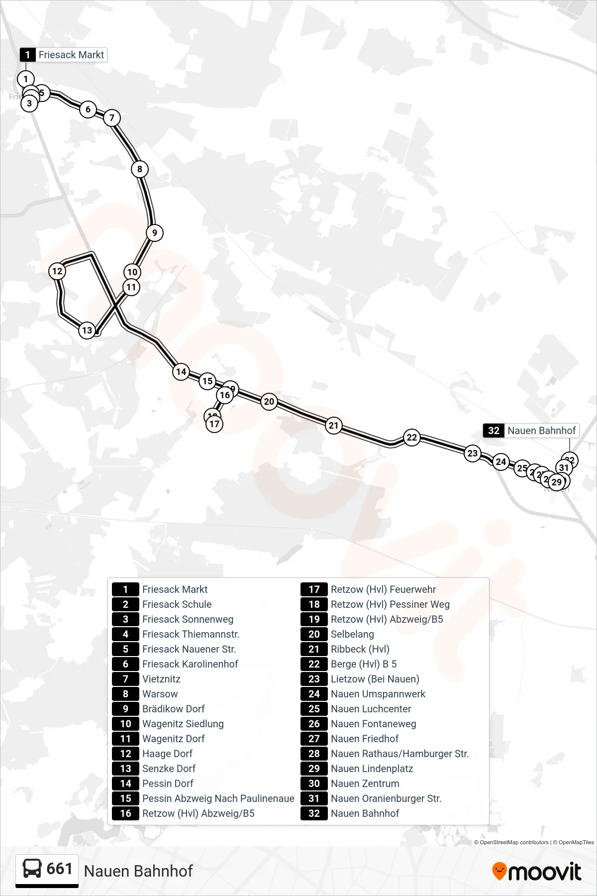 Linie 661 (Bus) Richtung Nauen Bahnhof: Route und Haltestellen auf der Karte