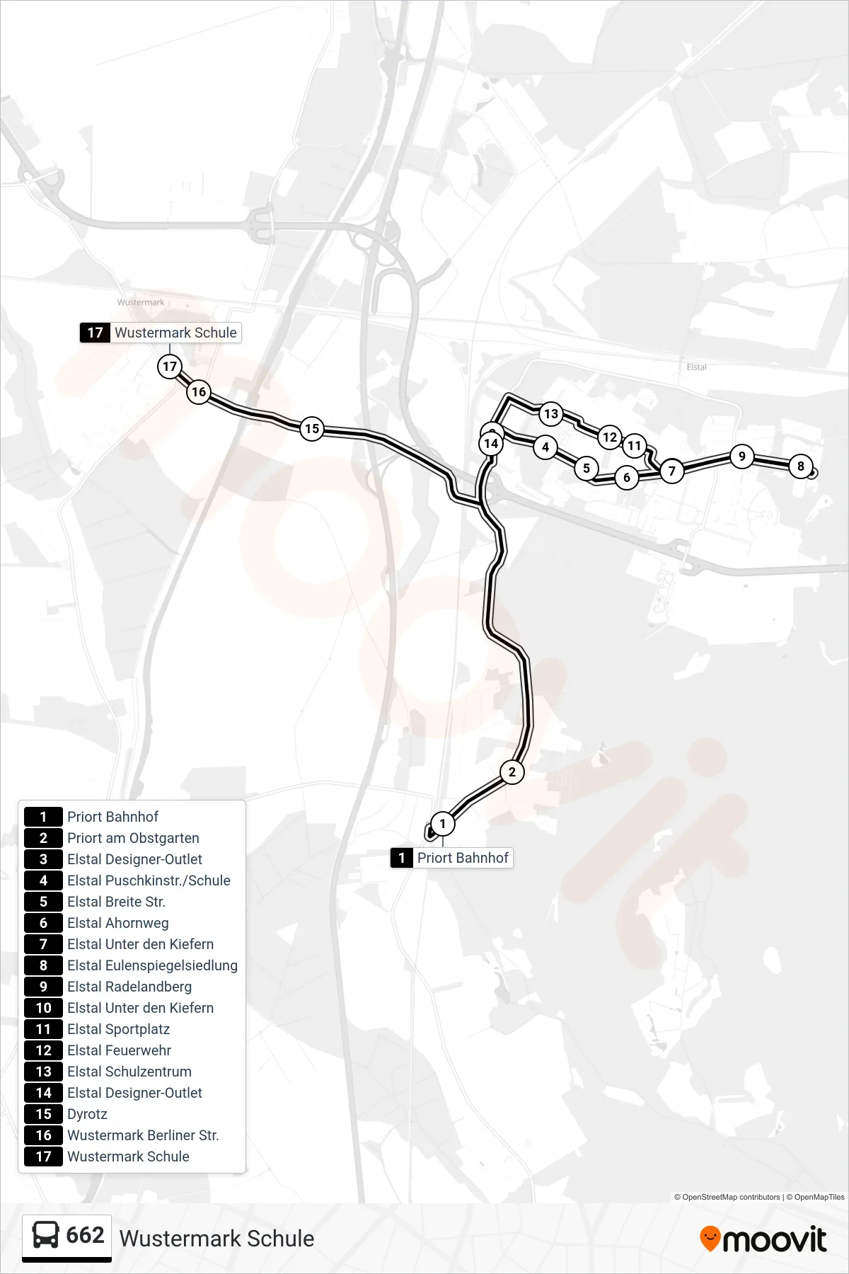 Linie 662 (Bus) Richtung Wustermark Schule: Route und Haltestellen auf der Karte