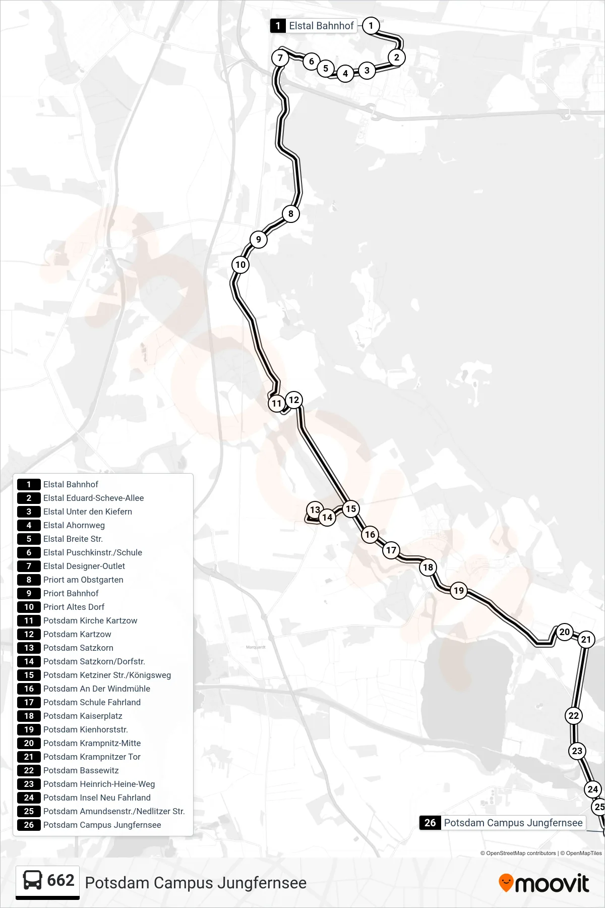 Linie 662 (Bus) Richtung Potsdam Campus Jungfernsee: Route und Haltestellen auf der Karte