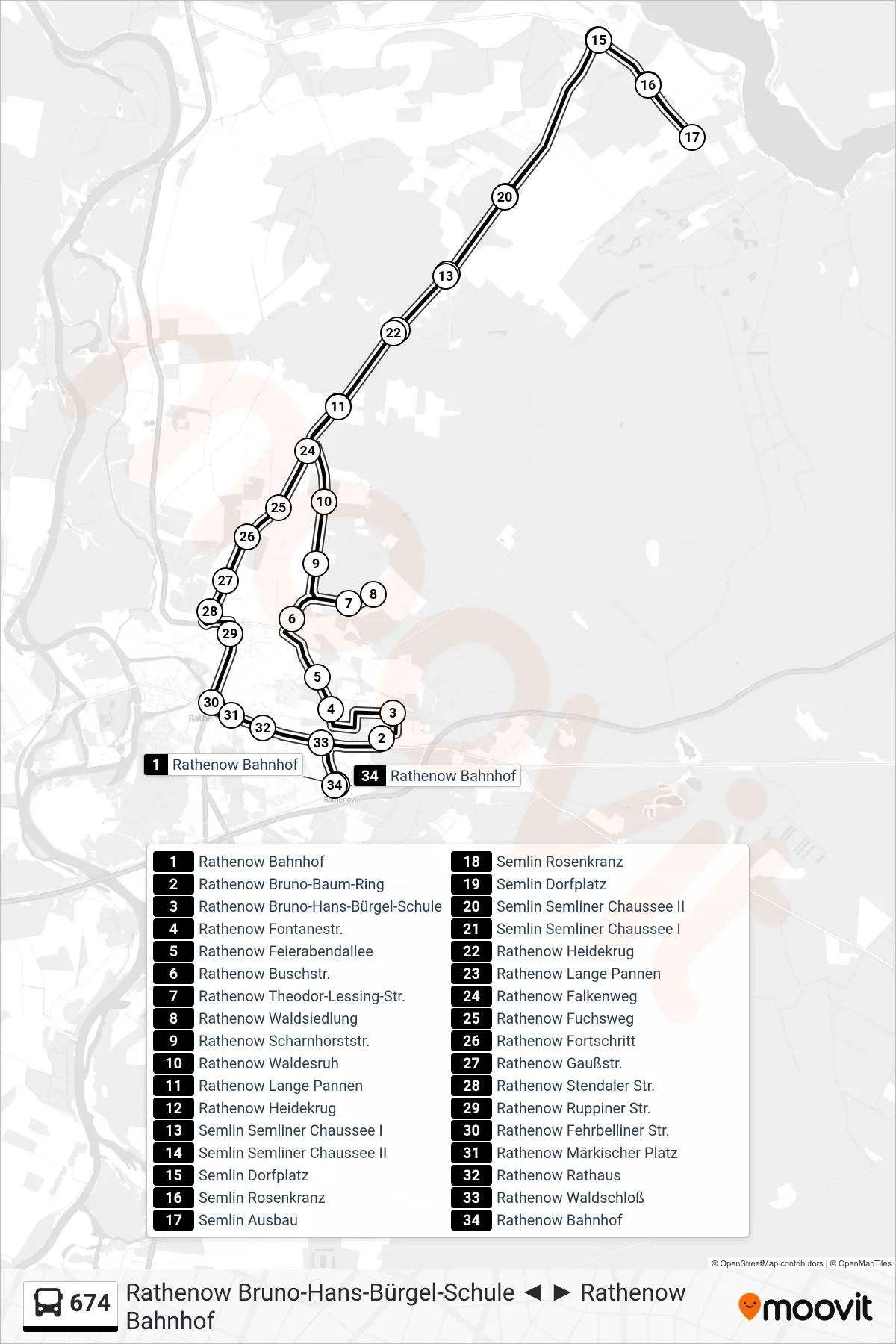 Linie 674 (Bus) Richtung Rathenow Bahnhof: Route und Haltestellen auf der Karte