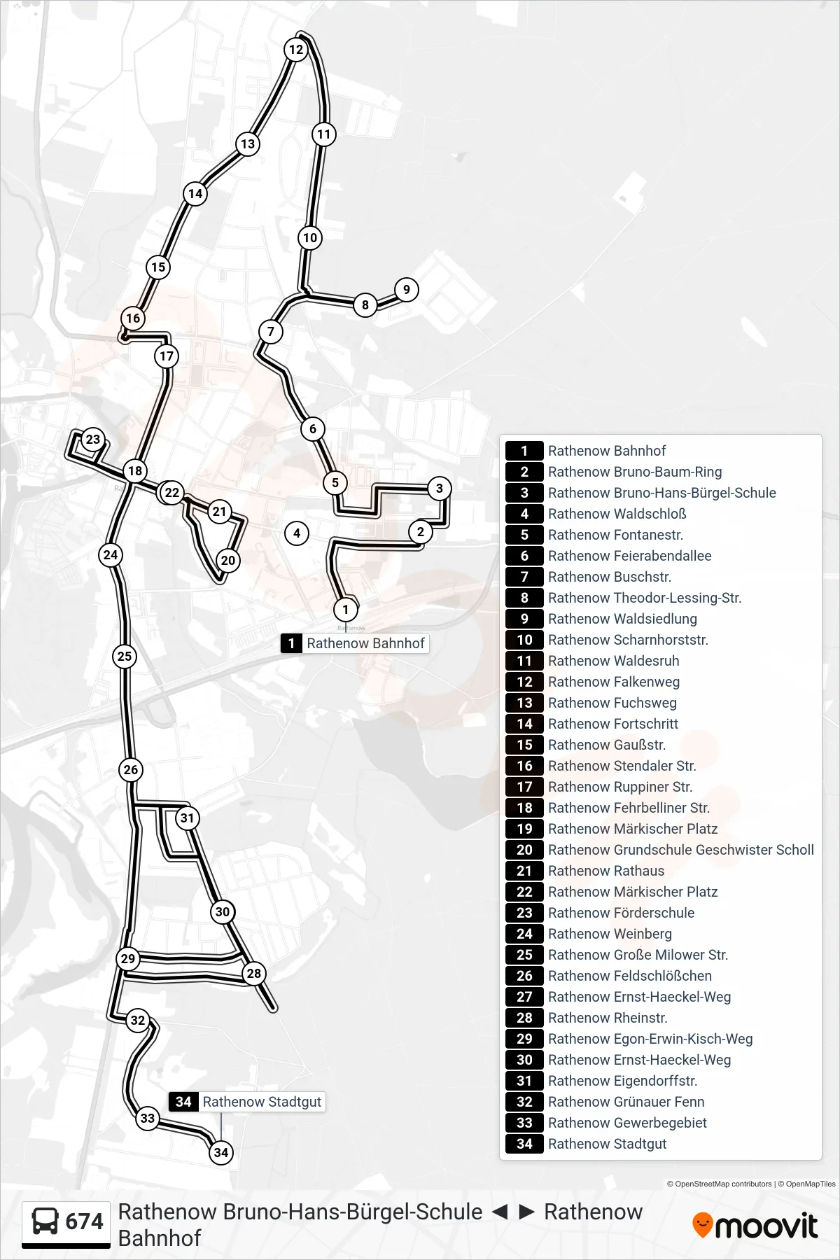 Linie 674 (Bus) Richtung Rathenow Stadtgut: Route und Haltestellen auf der Karte