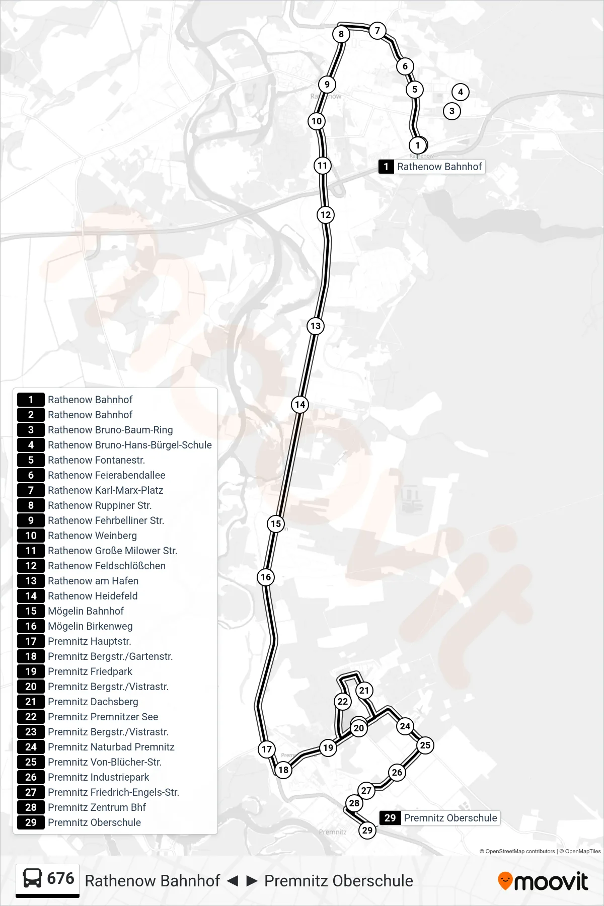 676 bus Line (Premnitz Oberschule) route and stops on a map
