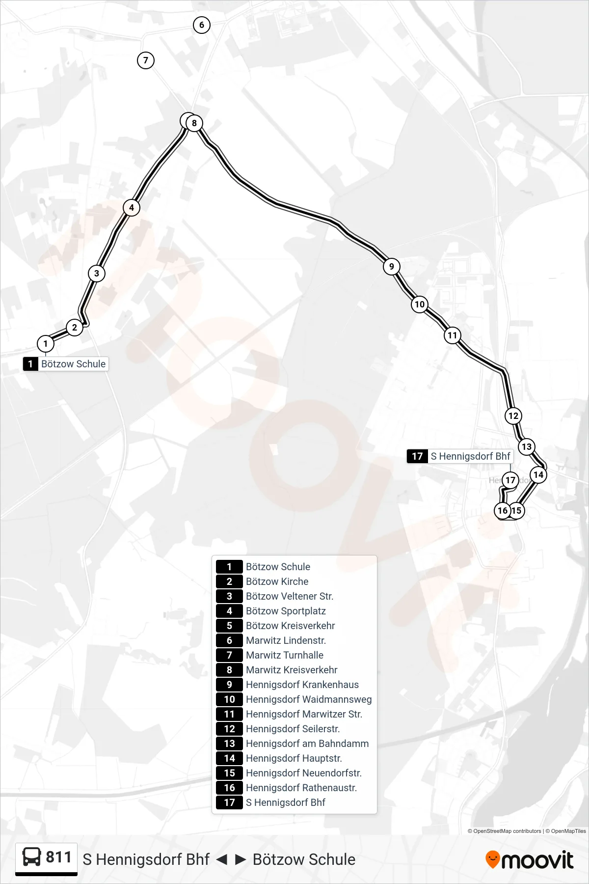 Linie 811 (Bus) Richtung S Hennigsdorf Bhf: Route und Haltestellen auf der Karte
