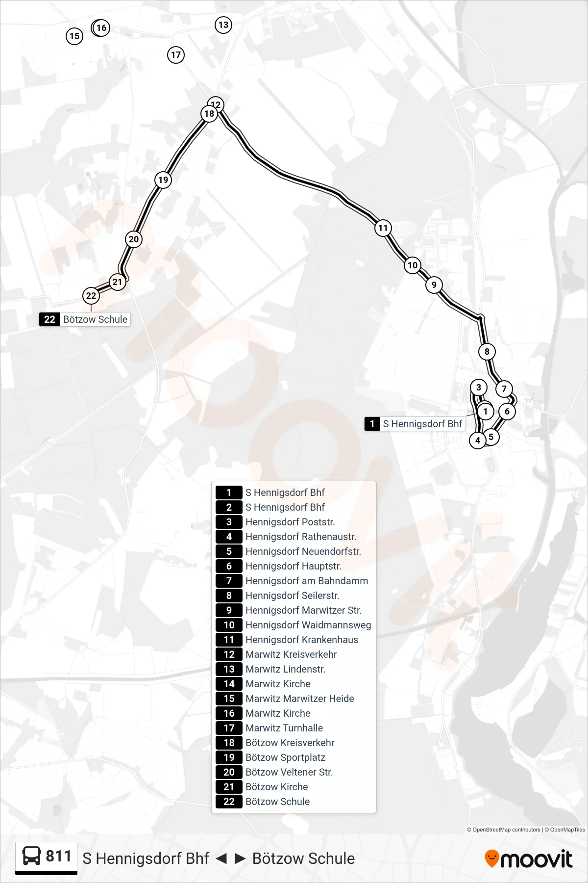 Linie 811 (Bus) Richtung Bötzow Schule: Route und Haltestellen auf der Karte