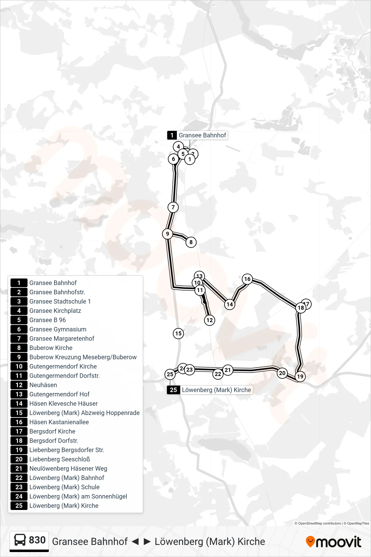 Linie 830 (Bus) Richtung Löwenberg (Mark) Kirche: Route und Haltestellen auf der Karte
