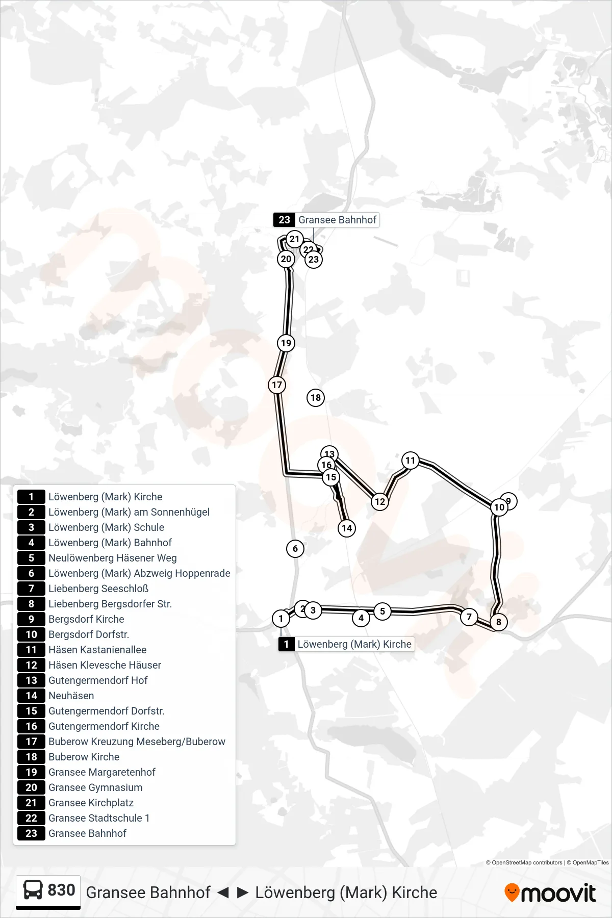 Linie 830 (Bus) Richtung Gransee Bahnhof: Route und Haltestellen auf der Karte