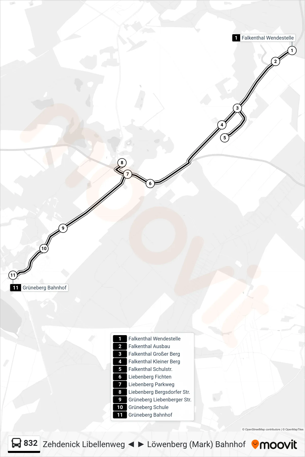 Linie 832 (Bus) Richtung Grüneberg Bahnhof: Route und Haltestellen auf der Karte
