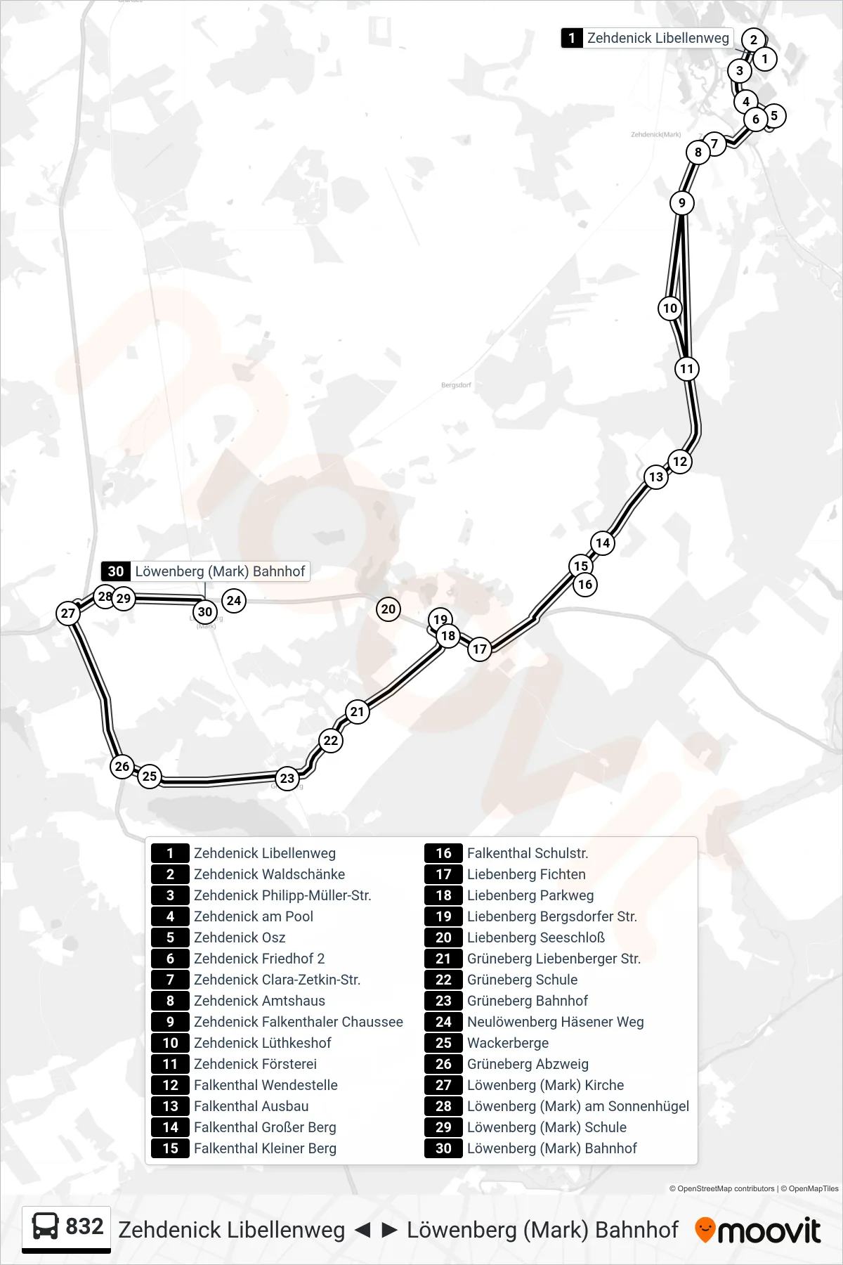 Linie 832 (Bus) Richtung Löwenberg (Mark) Bahnhof: Route und Haltestellen auf der Karte