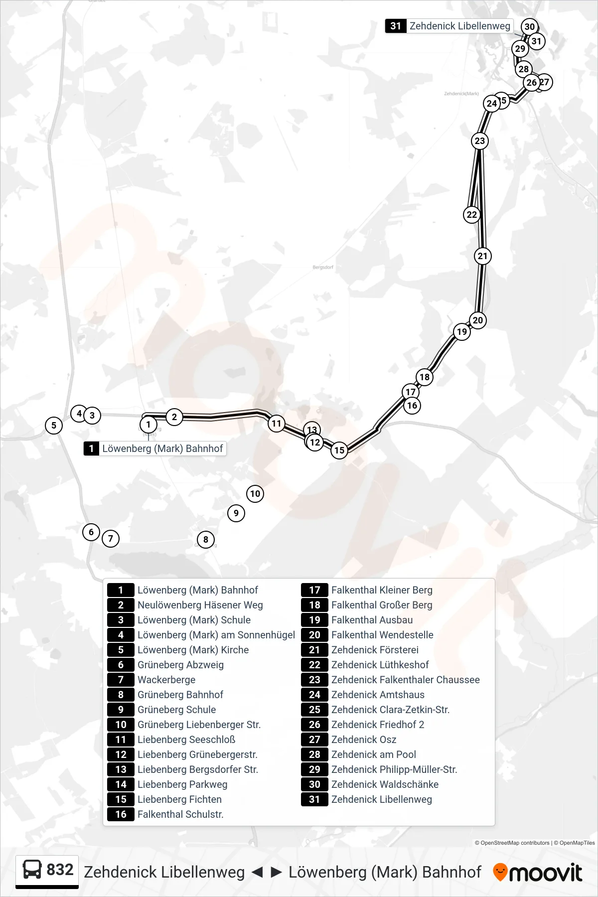Linie 832 (Bus) Richtung Zehdenick Libellenweg: Route und Haltestellen auf der Karte