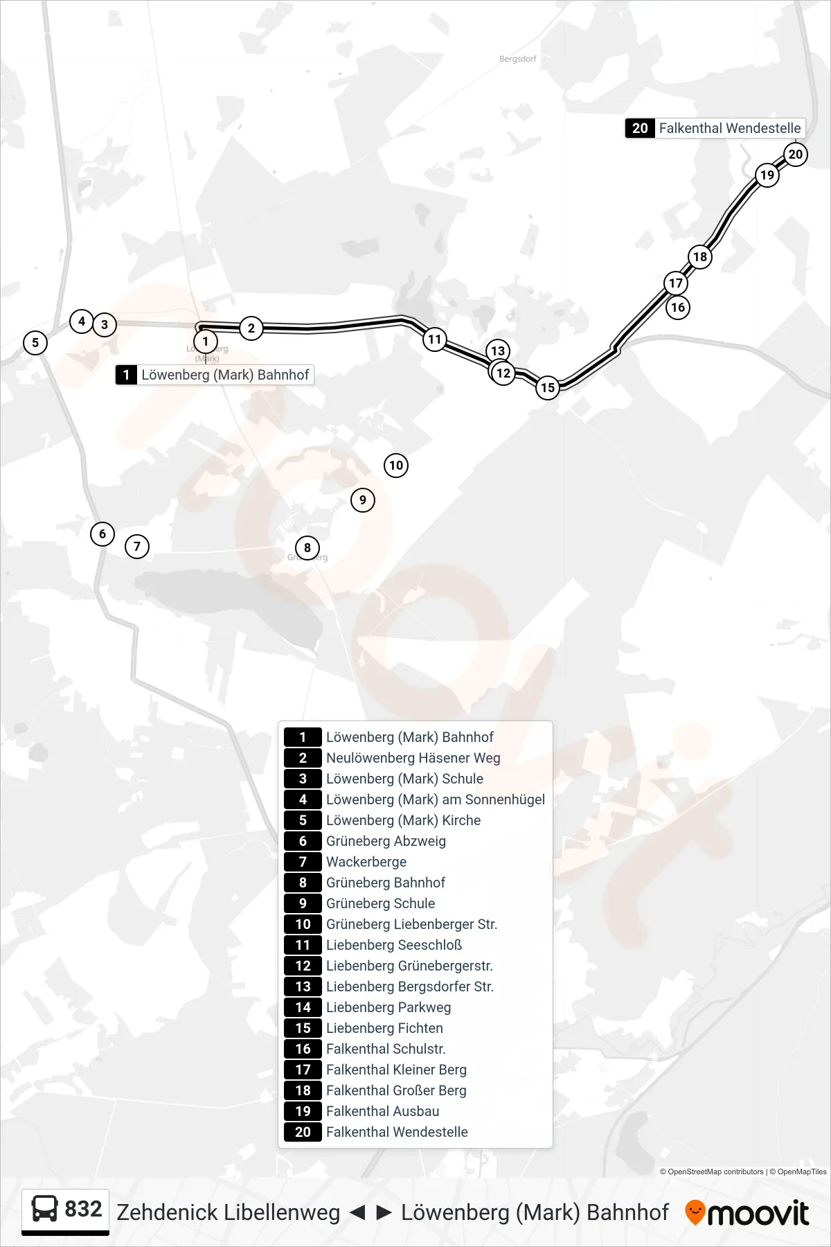 Linie 832 (Bus) Richtung Falkenthal Wendestelle: Route und Haltestellen auf der Karte