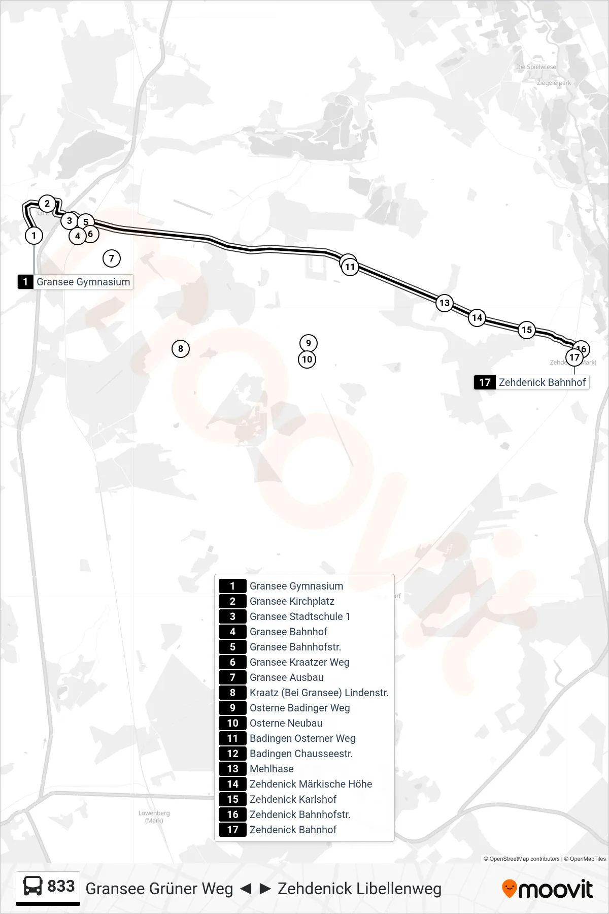Linie 833 (Bus) Richtung Zehdenick Bahnhof: Route und Haltestellen auf der Karte