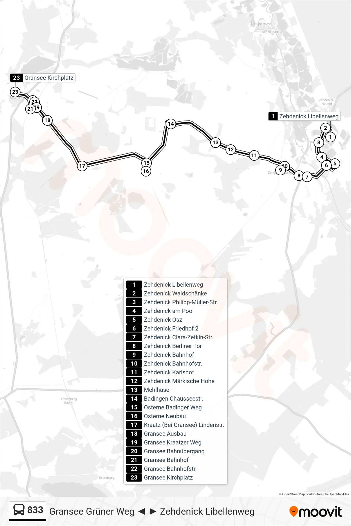 Linie 833 (Bus) Richtung Gransee Kirchplatz: Route und Haltestellen auf der Karte