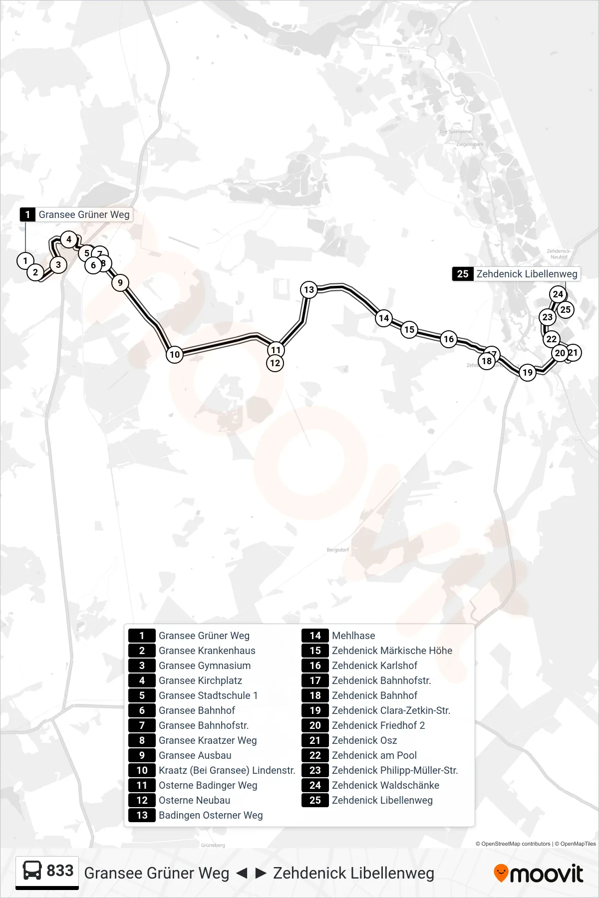 Linie 833 (Bus) Richtung Zehdenick Libellenweg: Route und Haltestellen auf der Karte