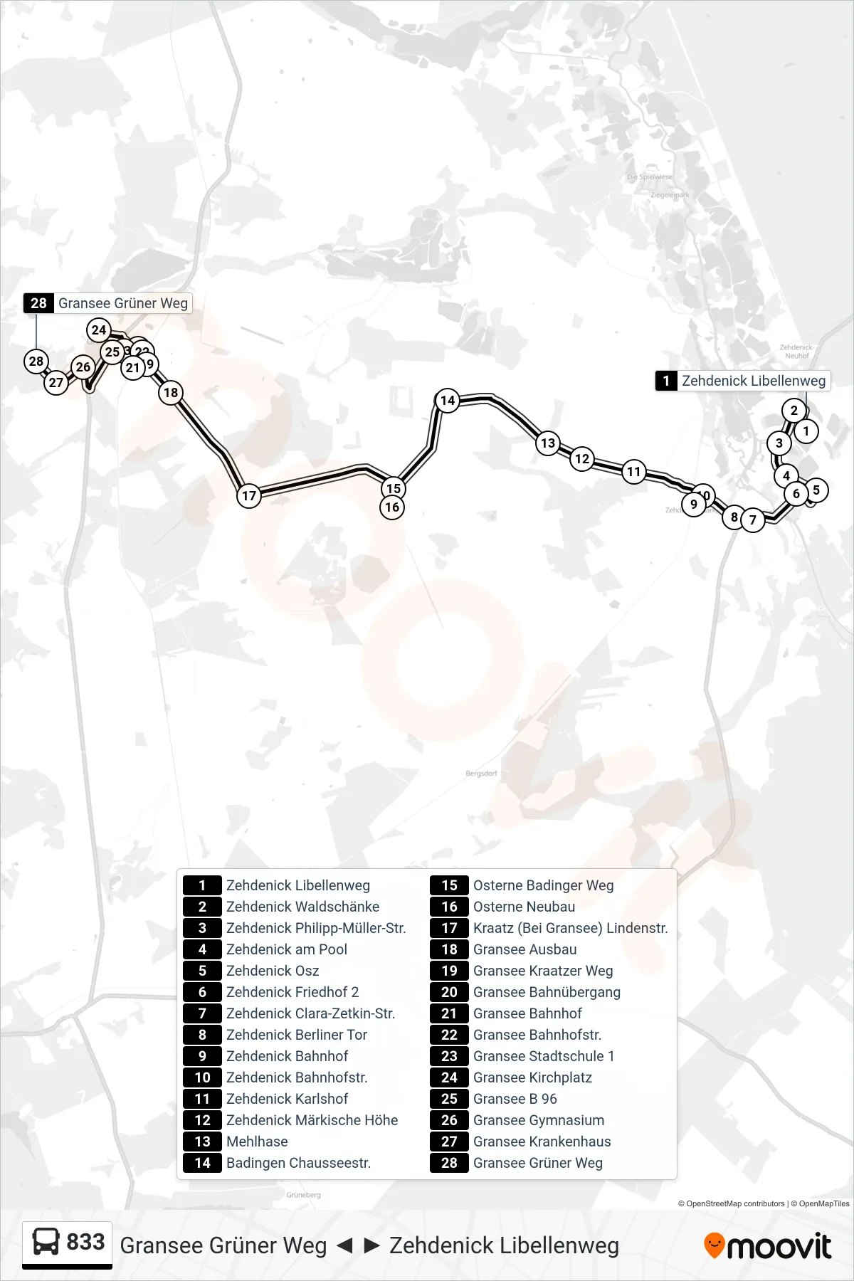 Linie 833 (Bus) Richtung Gransee Grüner Weg: Route und Haltestellen auf der Karte