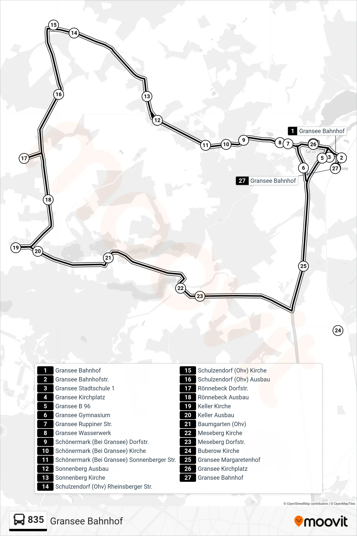 Linie 835 (Bus) Richtung Gransee Bahnhof: Route und Haltestellen auf der Karte