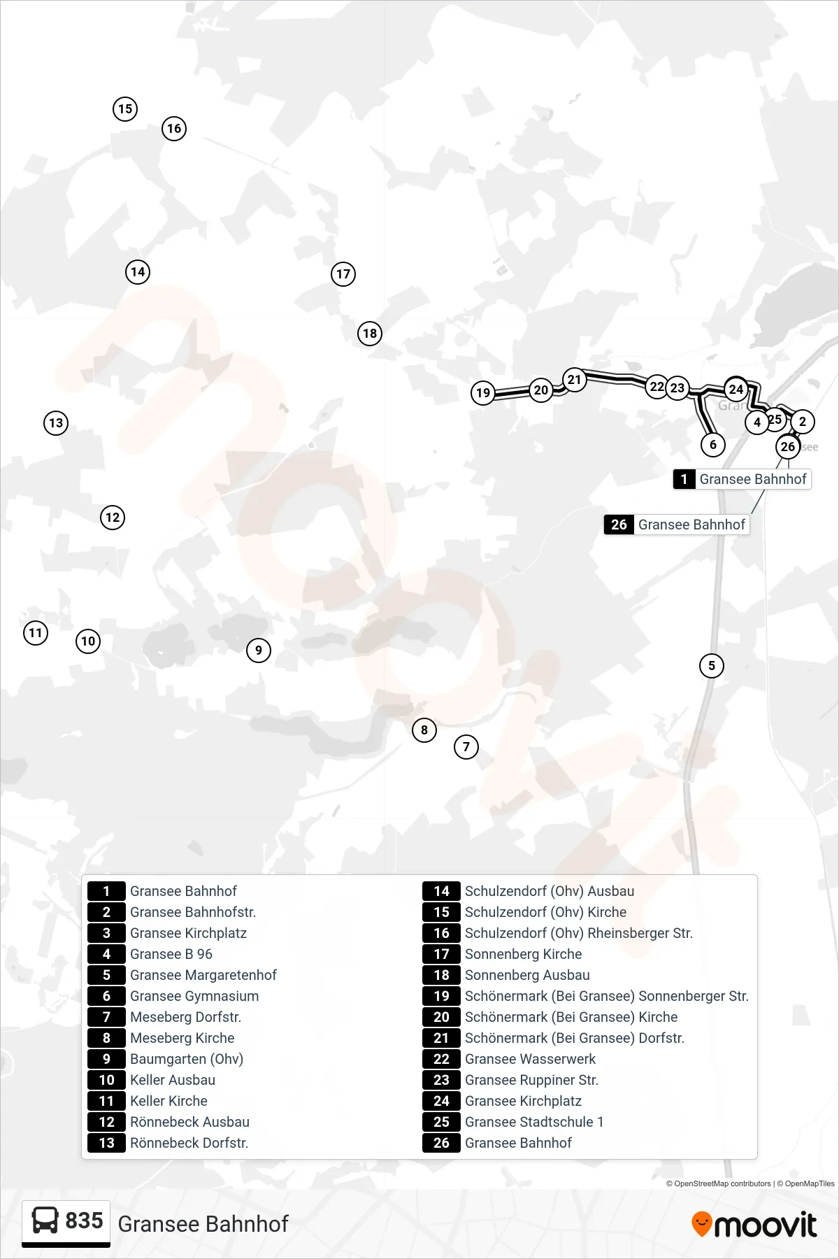 Linie 835 (Bus) Richtung Gransee Bahnhof: Route und Haltestellen auf der Karte