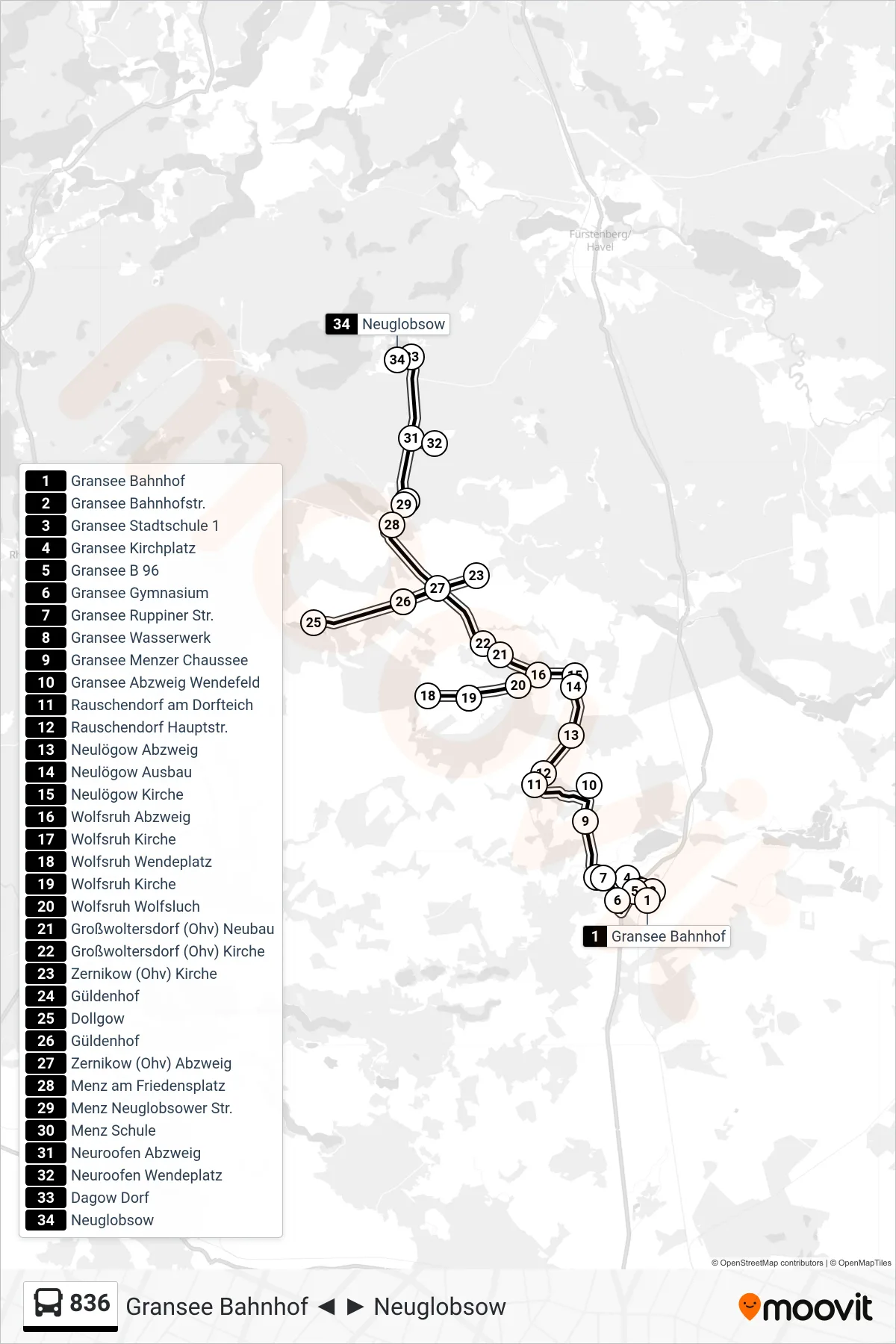 Linie 836 (Bus) Richtung Neuglobsow: Route und Haltestellen auf der Karte