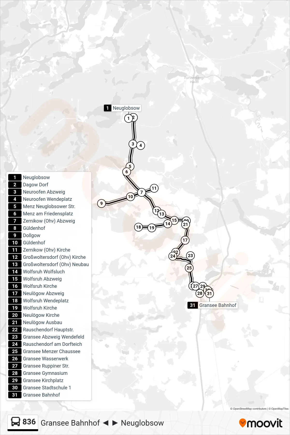 Linie 836 (Bus) Richtung Gransee Bahnhof: Route und Haltestellen auf der Karte