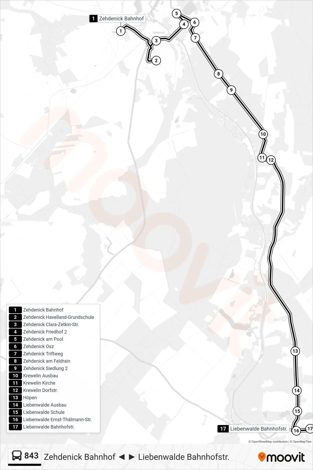 843 bus Line (Liebenwalde Bahnhofstr.) route and stops on a map
