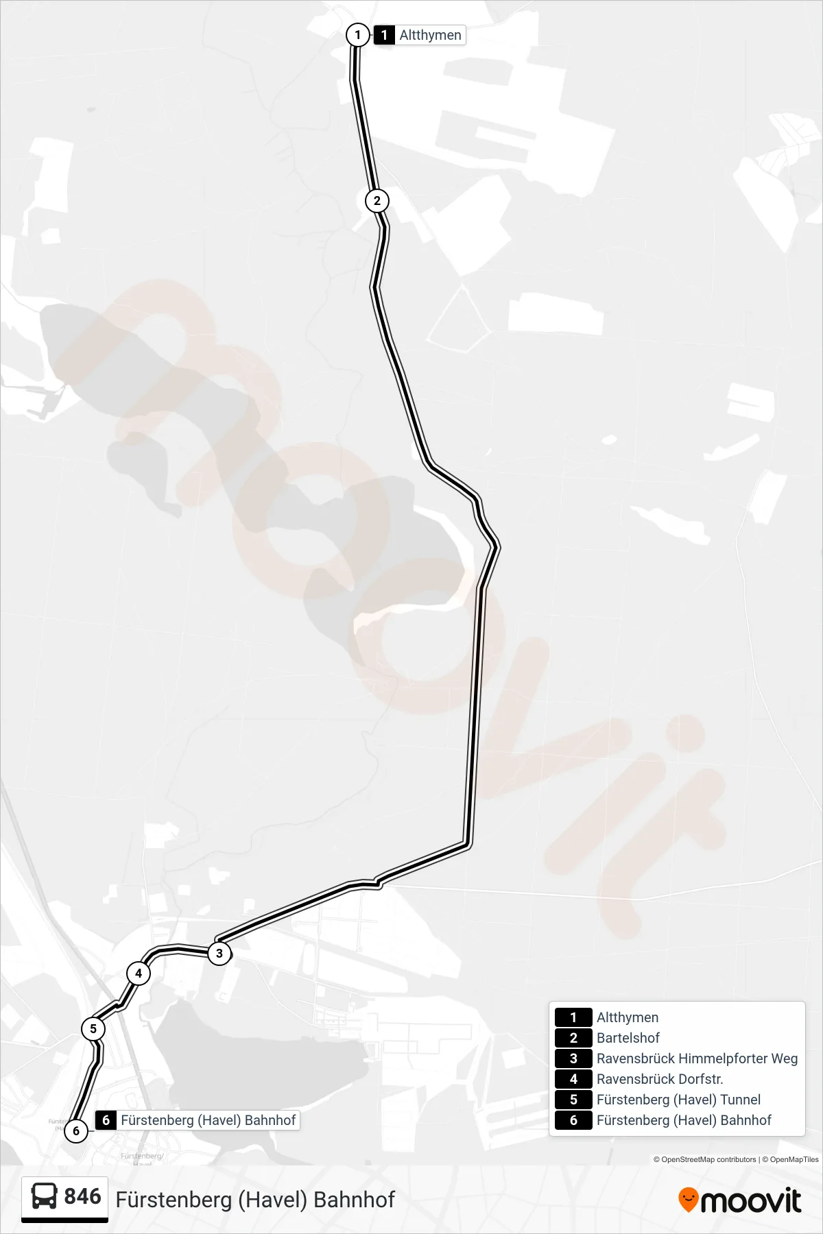 Linie 846 (Bus) Richtung Fürstenberg (Havel) Bahnhof: Route und Haltestellen auf der Karte
