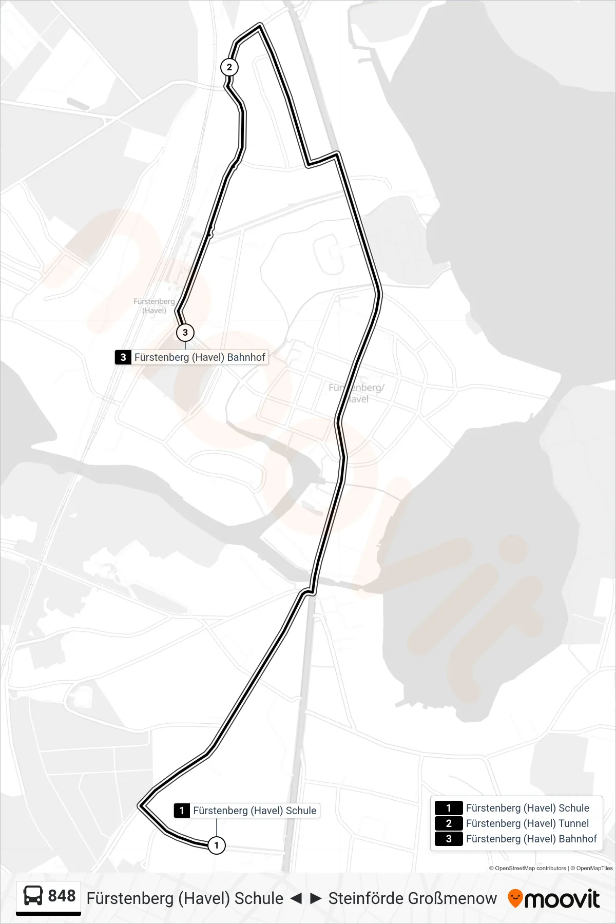 Linie 848 (Bus) Richtung Fürstenberg (Havel) Bahnhof: Route und Haltestellen auf der Karte