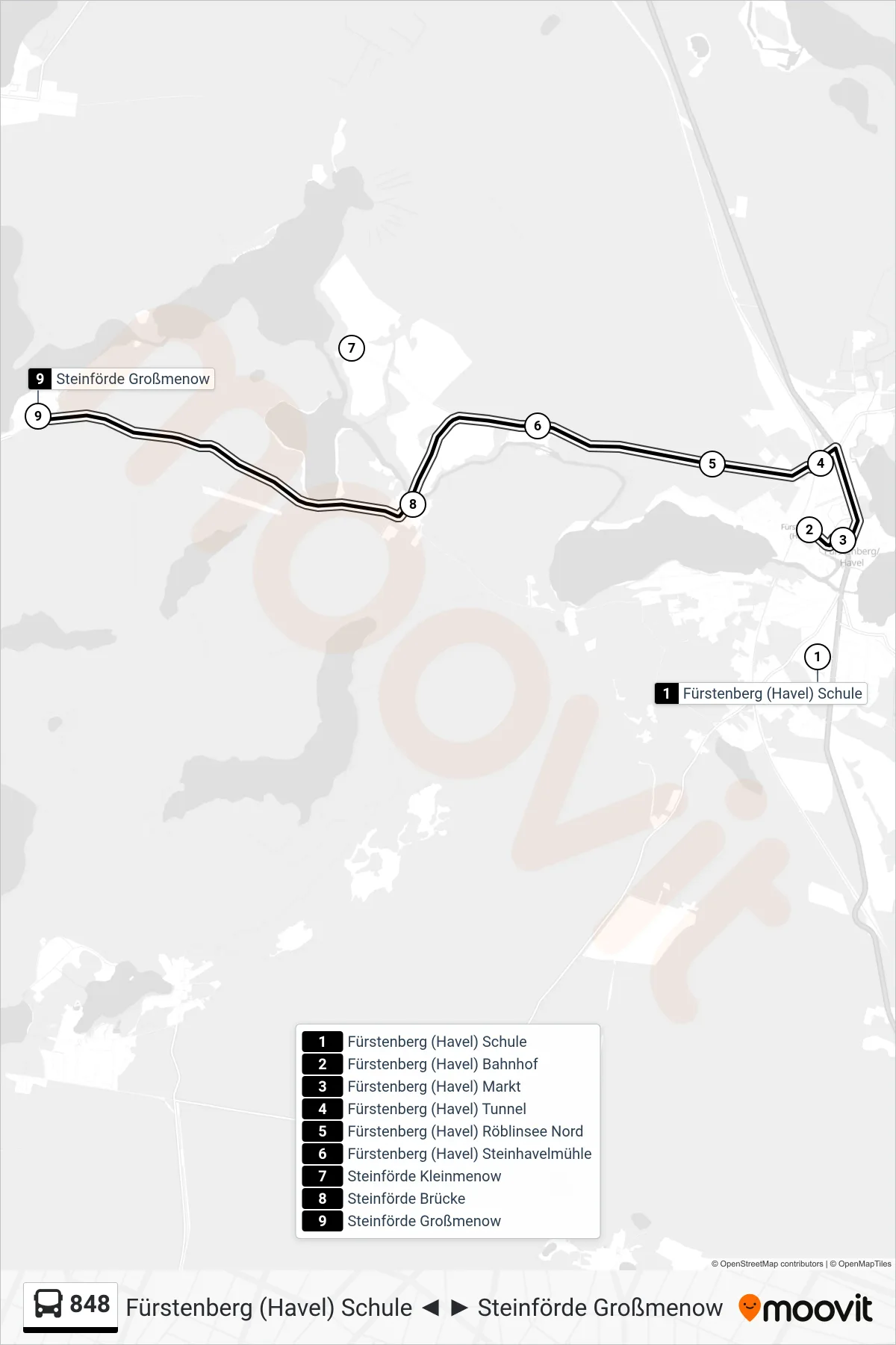 848 bus Line (Steinförde Großmenow) route and stops on a map