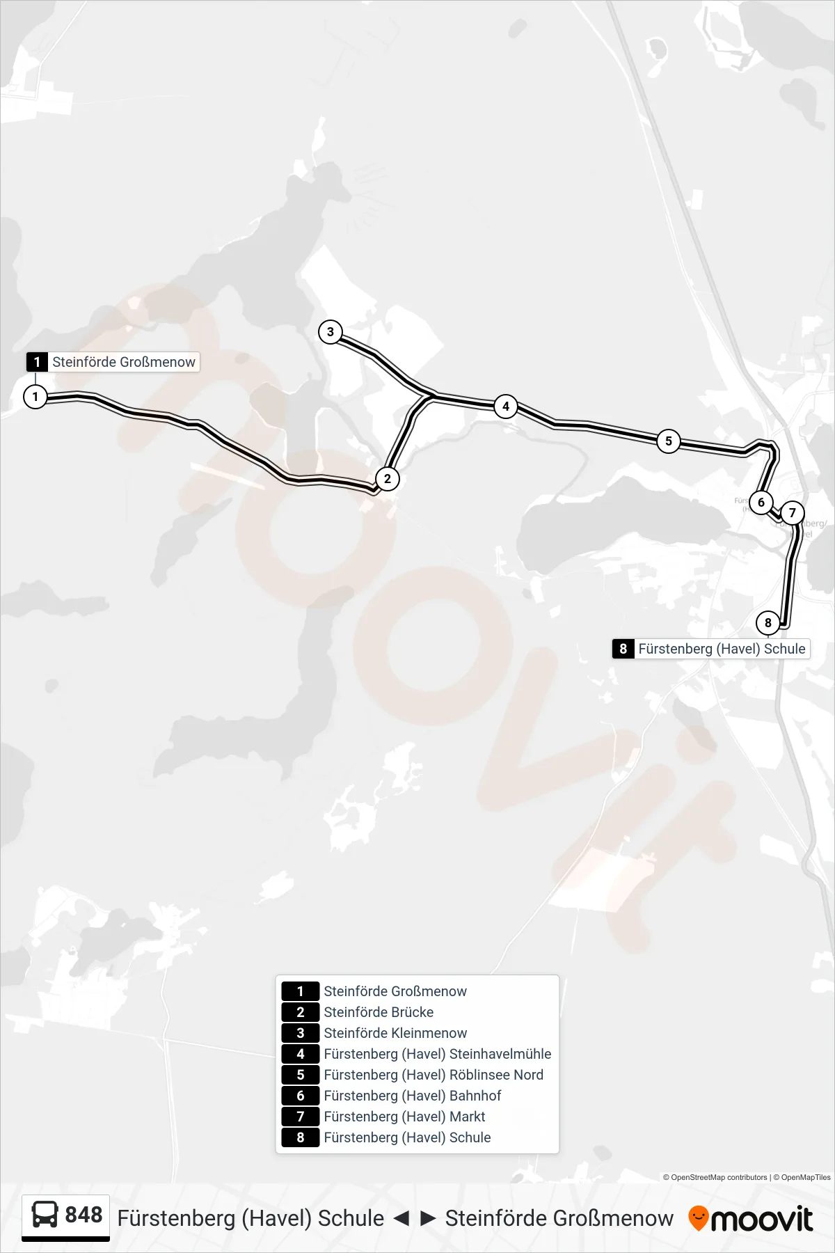 848 bus Line (Fürstenberg (Havel) Schule) route and stops on a map