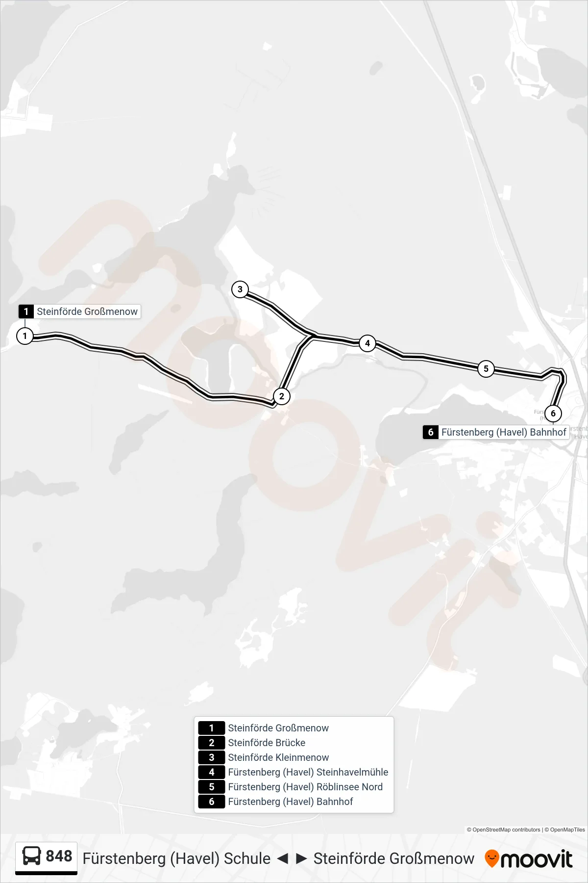 Linie 848 (Bus) Richtung Fürstenberg (Havel) Bahnhof: Route und Haltestellen auf der Karte