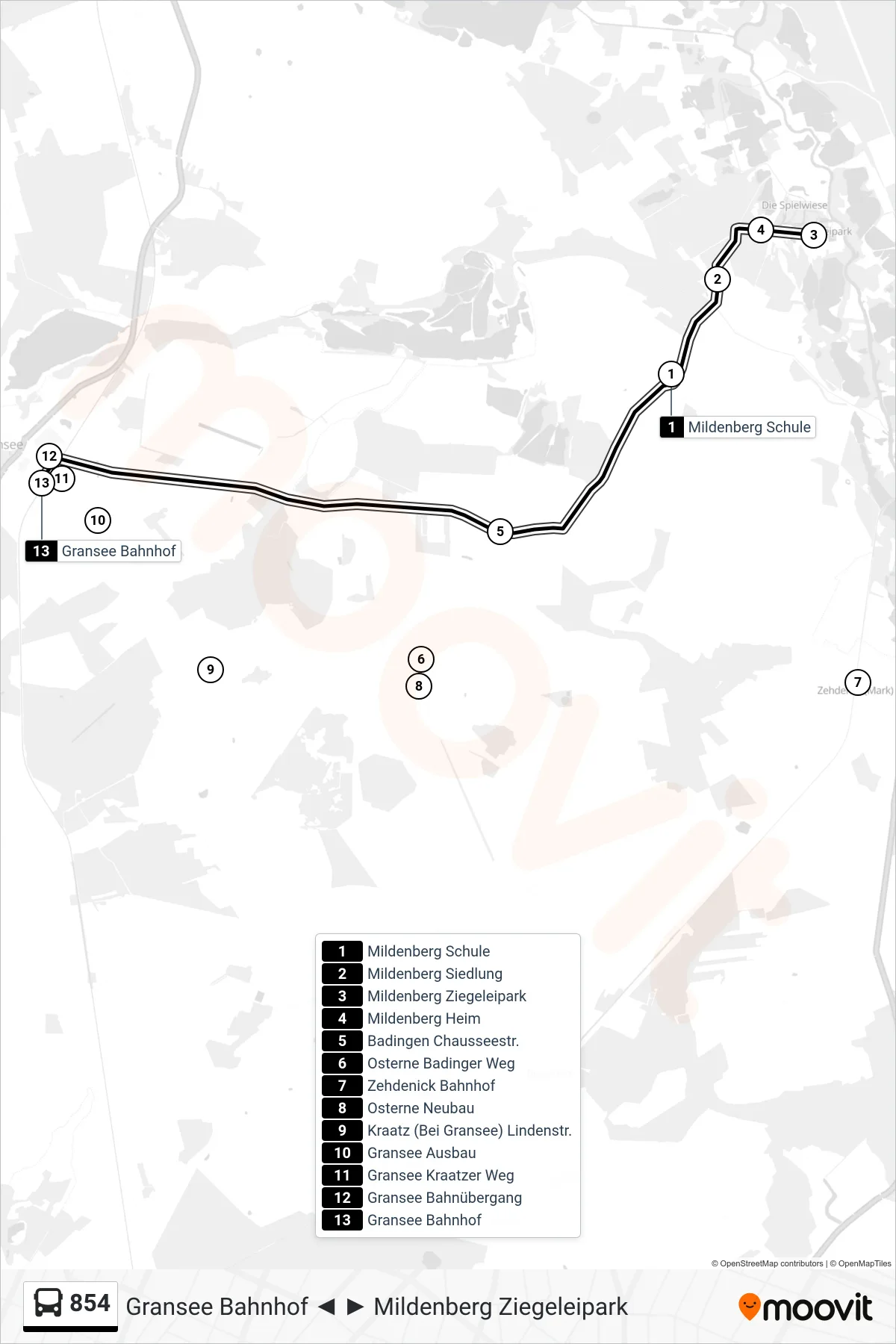 854 bus Line (Gransee Bahnhof) route and stops on a map