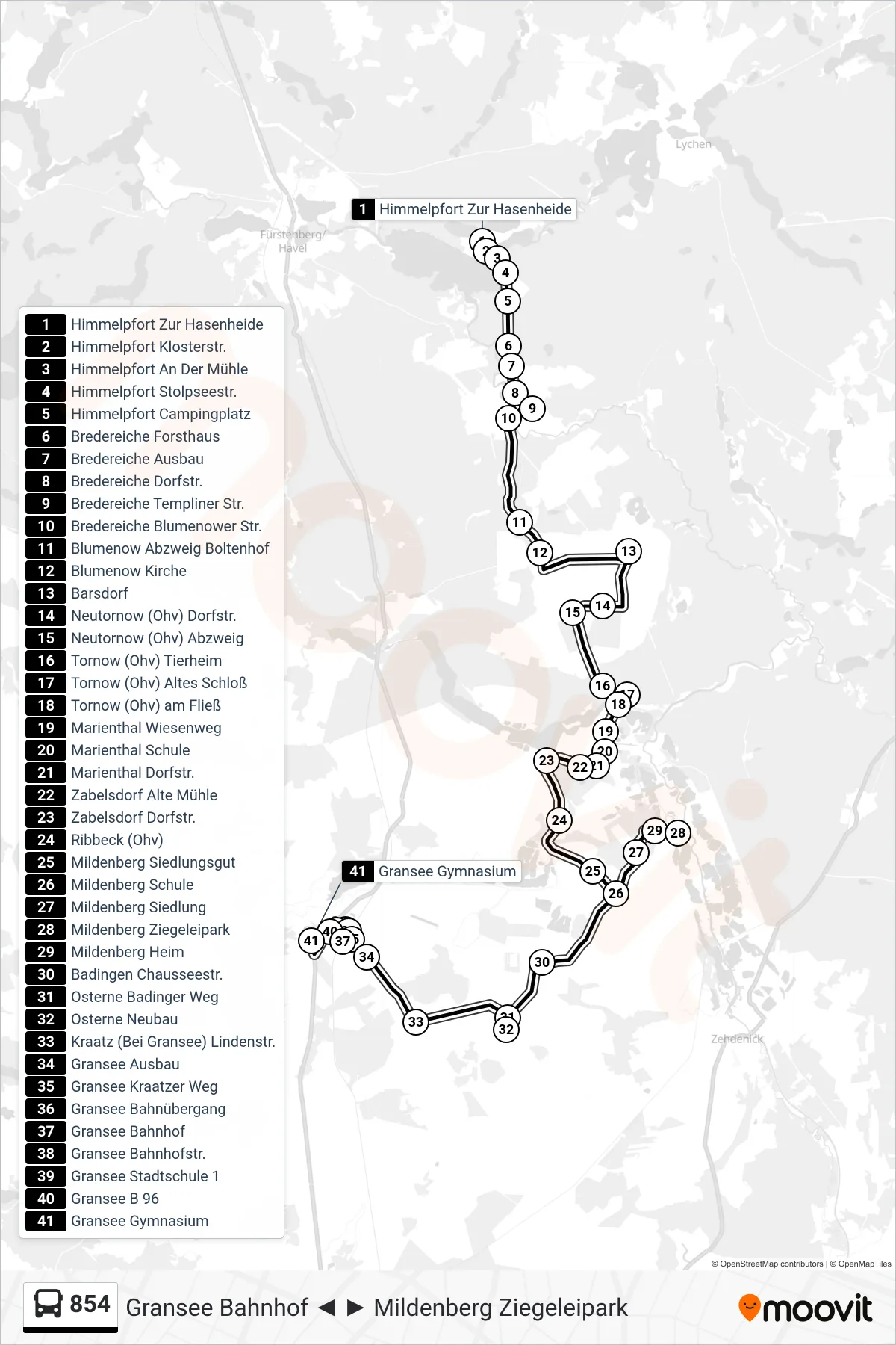 Linie 854 (Bus) Richtung Gransee Gymnasium: Route und Haltestellen auf der Karte
