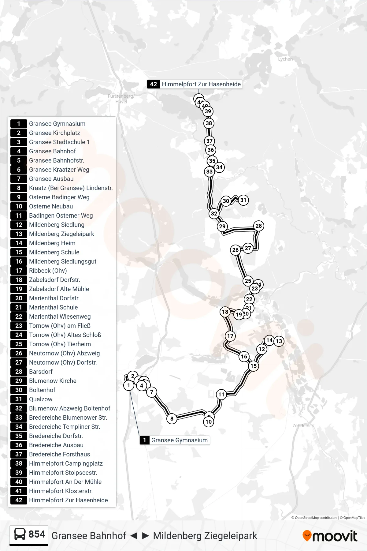Linie 854 (Bus) Richtung Himmelpfort Zur Hasenheide: Route und Haltestellen auf der Karte