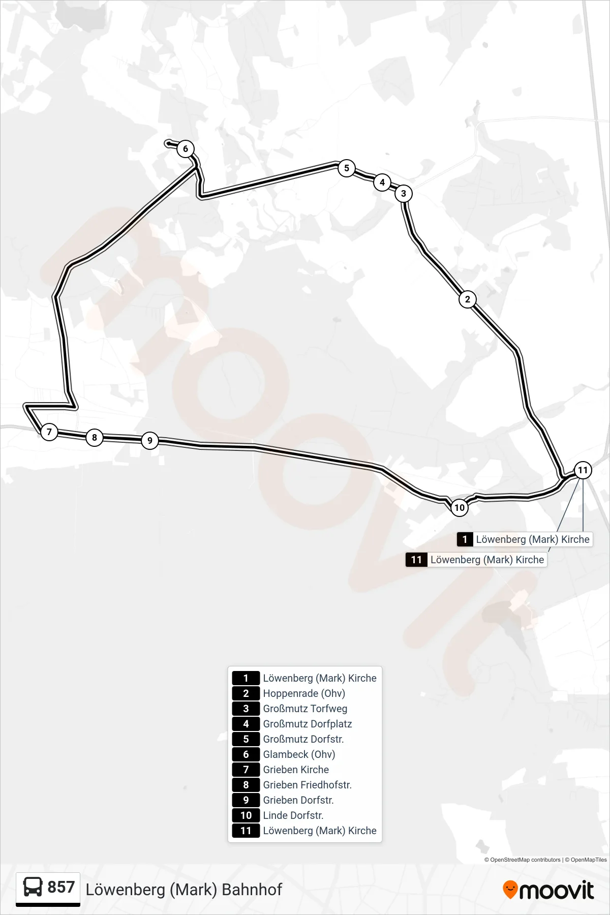 Linie 857 (Bus) Richtung Löwenberg (Mark) Kirche: Route und Haltestellen auf der Karte