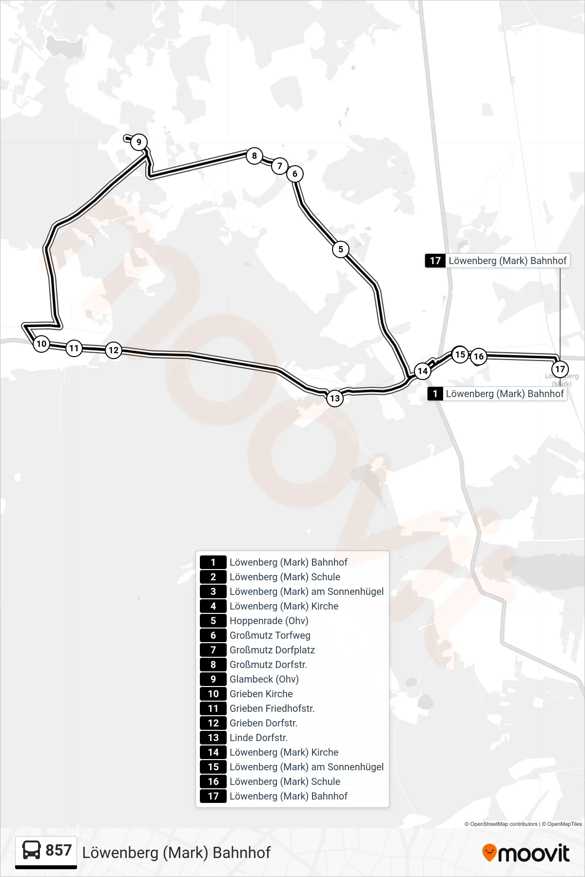 Linie 857 (Bus) Richtung Löwenberg (Mark) Bahnhof: Route und Haltestellen auf der Karte