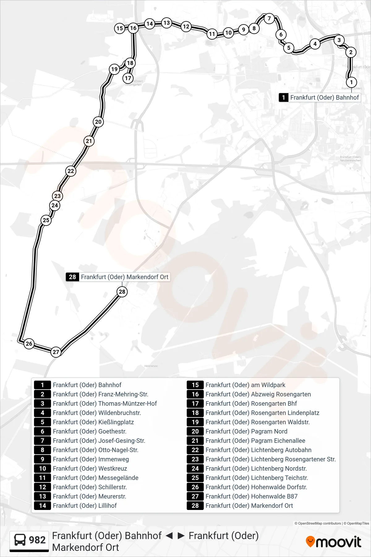 Linie 982 (Bus) Richtung Frankfurt (Oder) Markendorf Ort: Route und Haltestellen auf der Karte