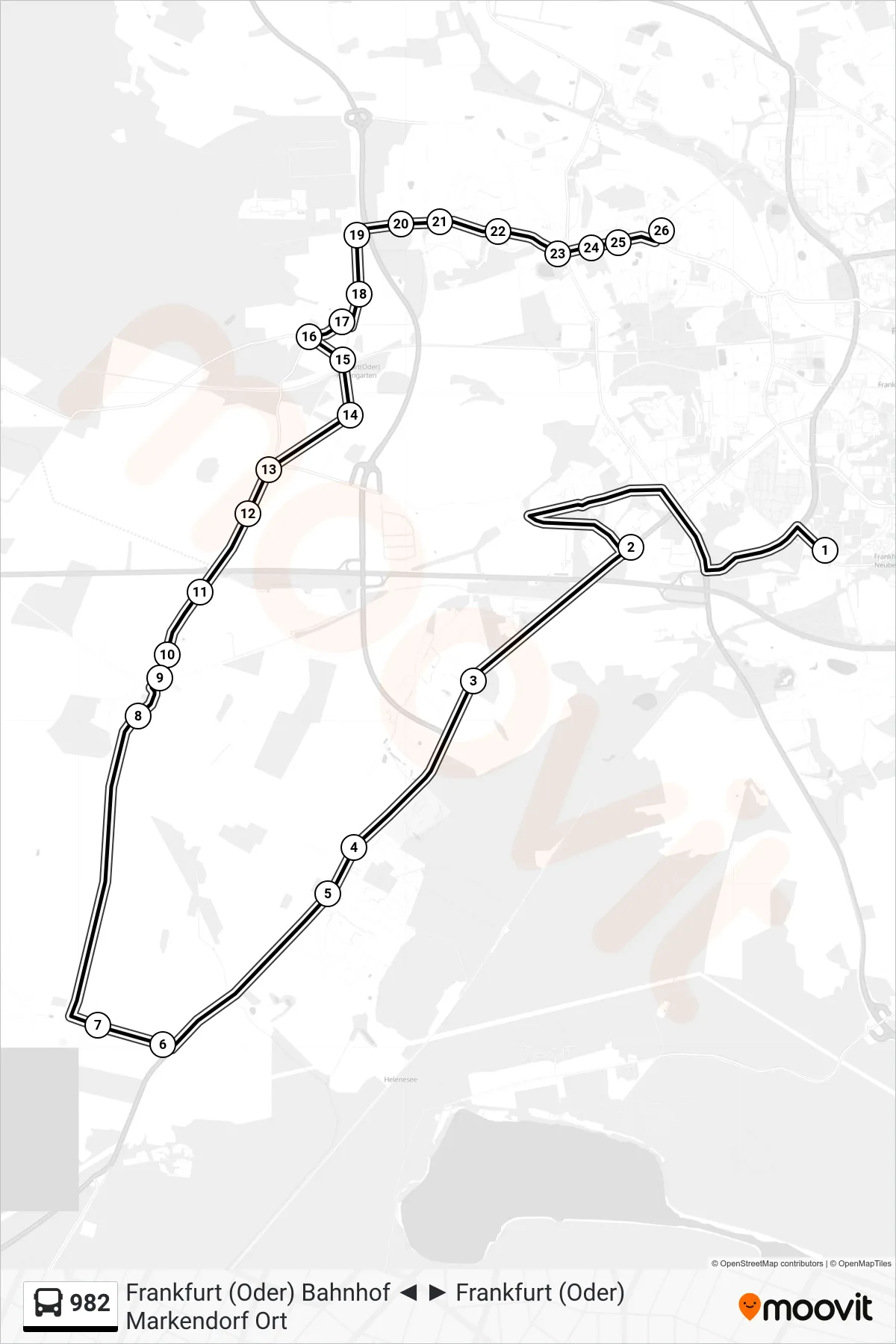 982 bus Line (Frankfurt (Oder) Otto-Nagel-Str.) route and stops on a map