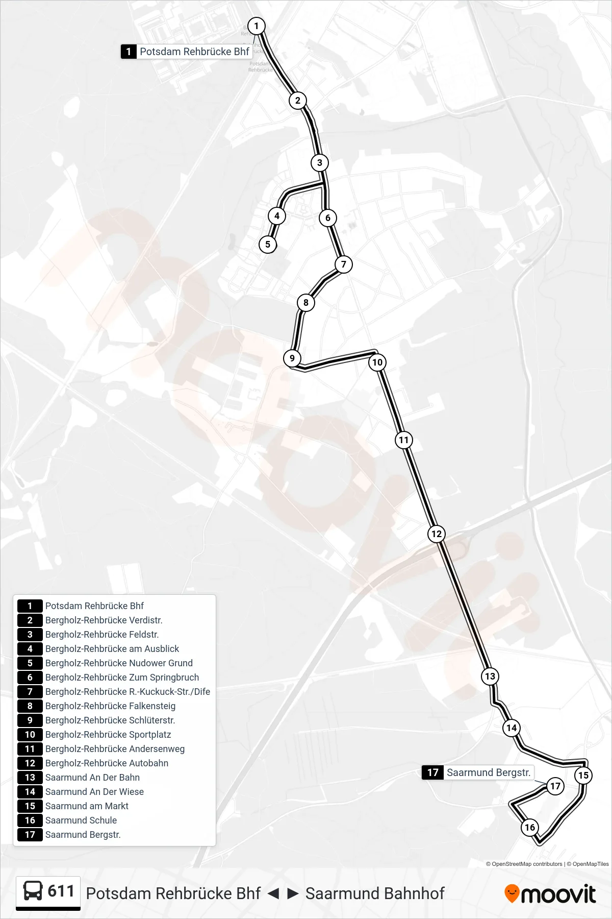 Linie 611 (Bus) Richtung Saarmund Bergstr.: Route und Haltestellen auf der Karte