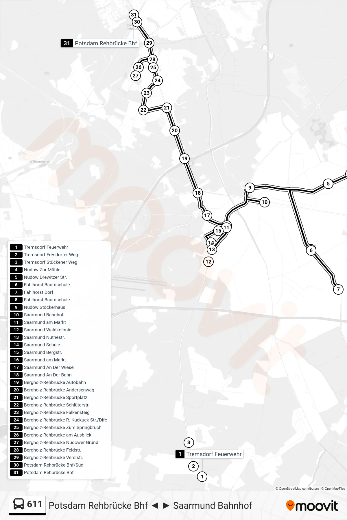 611 bus Line (Potsdam Rehbrücke Bhf) route and stops on a map