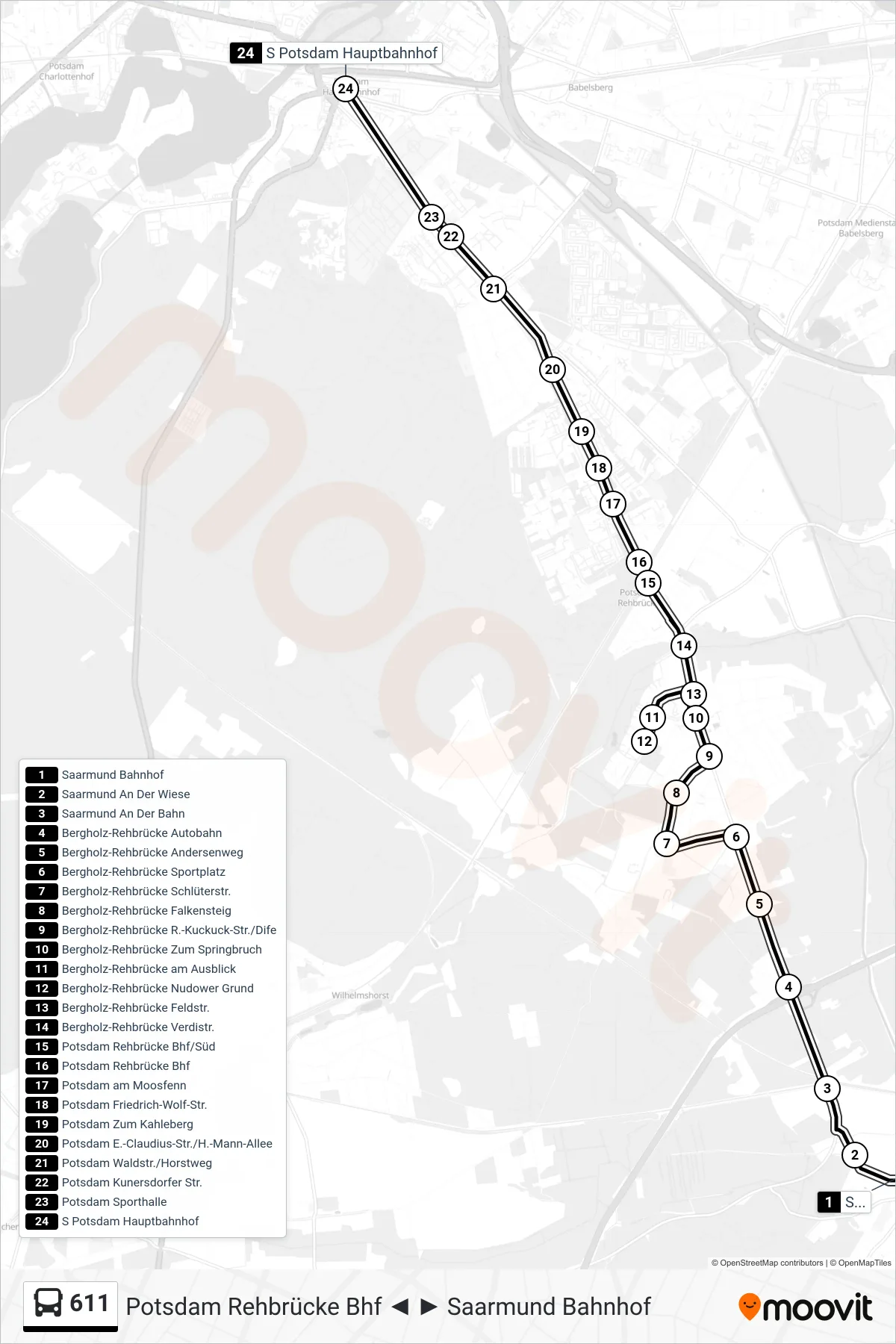 Linie 611 (Bus) Richtung S Potsdam Hauptbahnhof: Route und Haltestellen auf der Karte