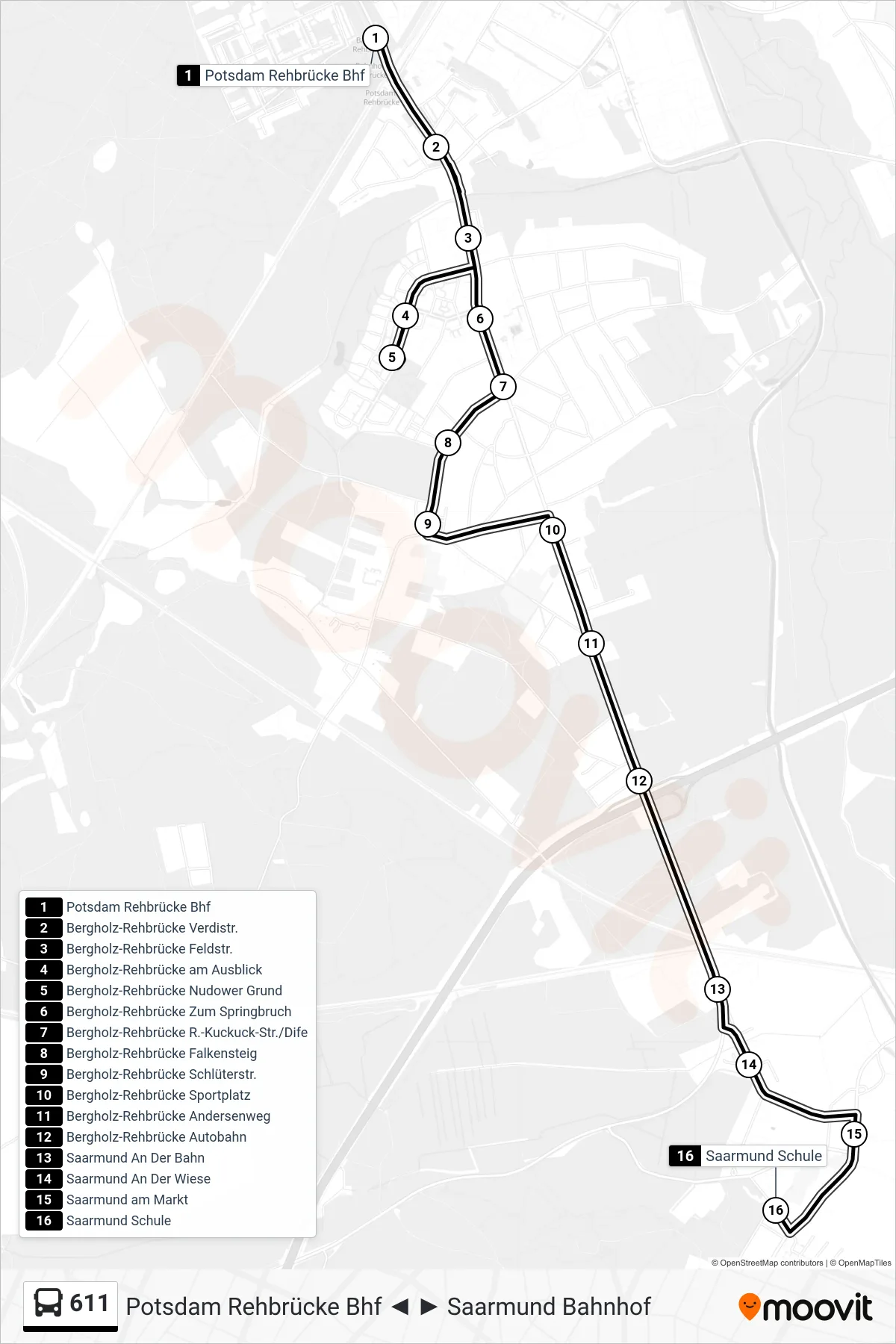 Linie 611 (Bus) Richtung Saarmund Schule: Route und Haltestellen auf der Karte