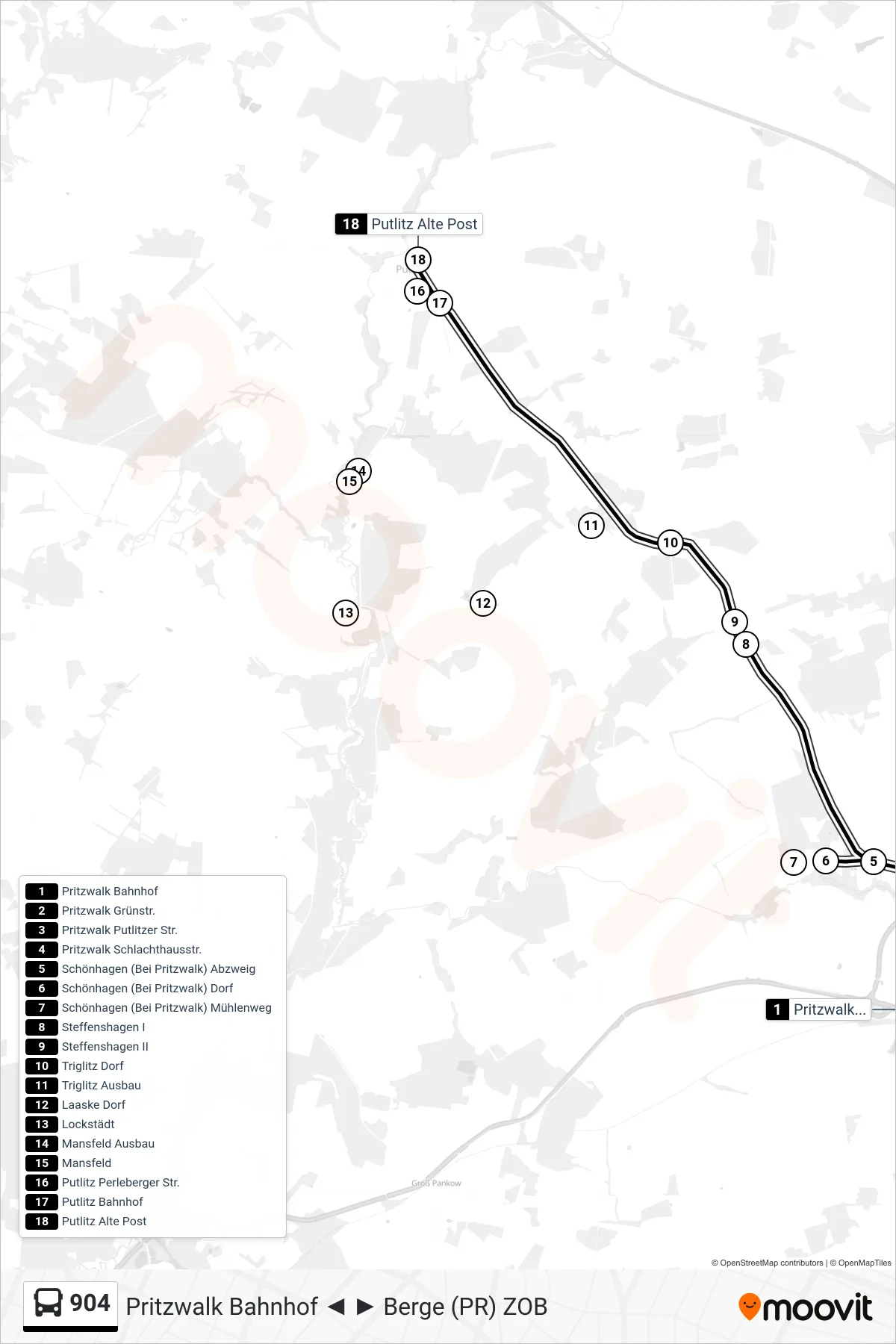 Linie 904 (Bus) Richtung Putlitz Alte Post: Route und Haltestellen auf der Karte