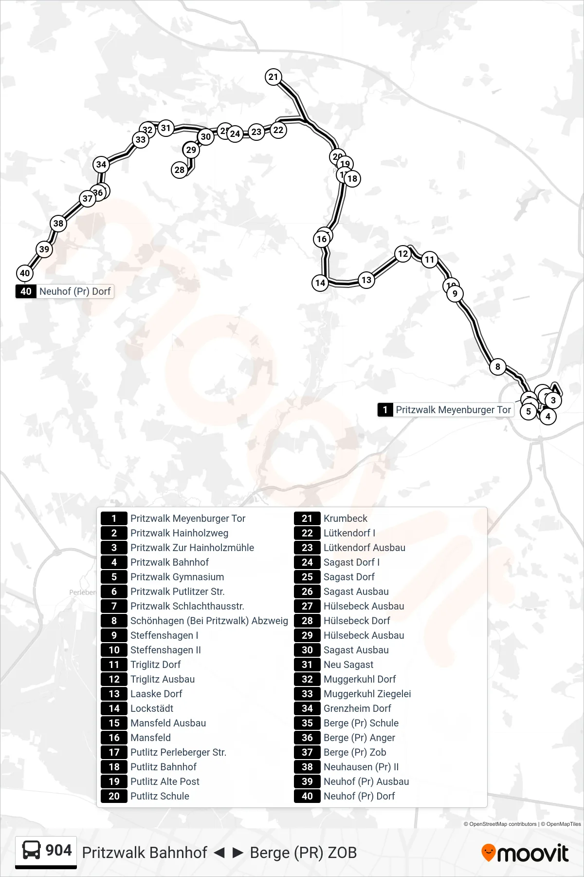 Linie 904 (Bus) Richtung Neuhof (Pr) Dorf: Route und Haltestellen auf der Karte