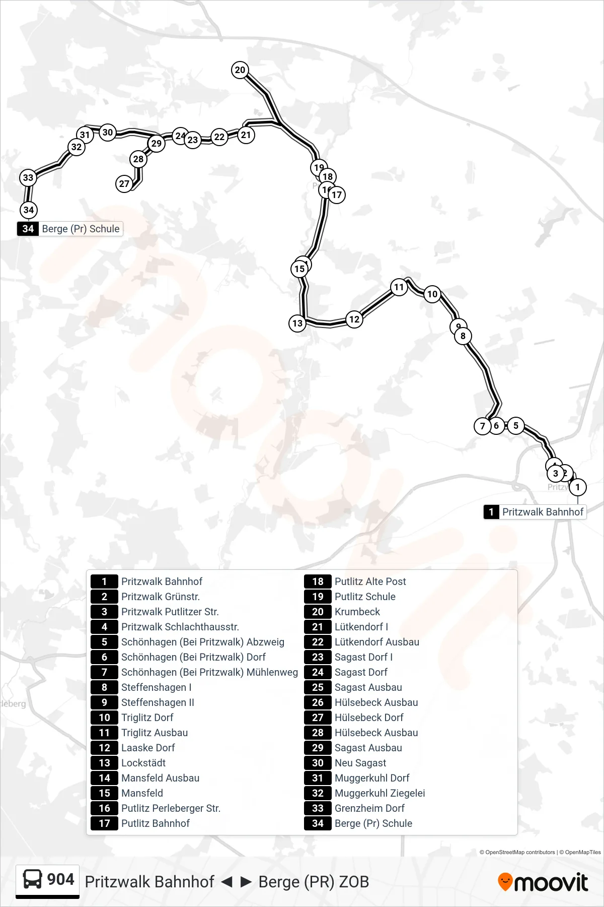 Linie 904 (Bus) Richtung Berge (Pr) Schule: Route und Haltestellen auf der Karte