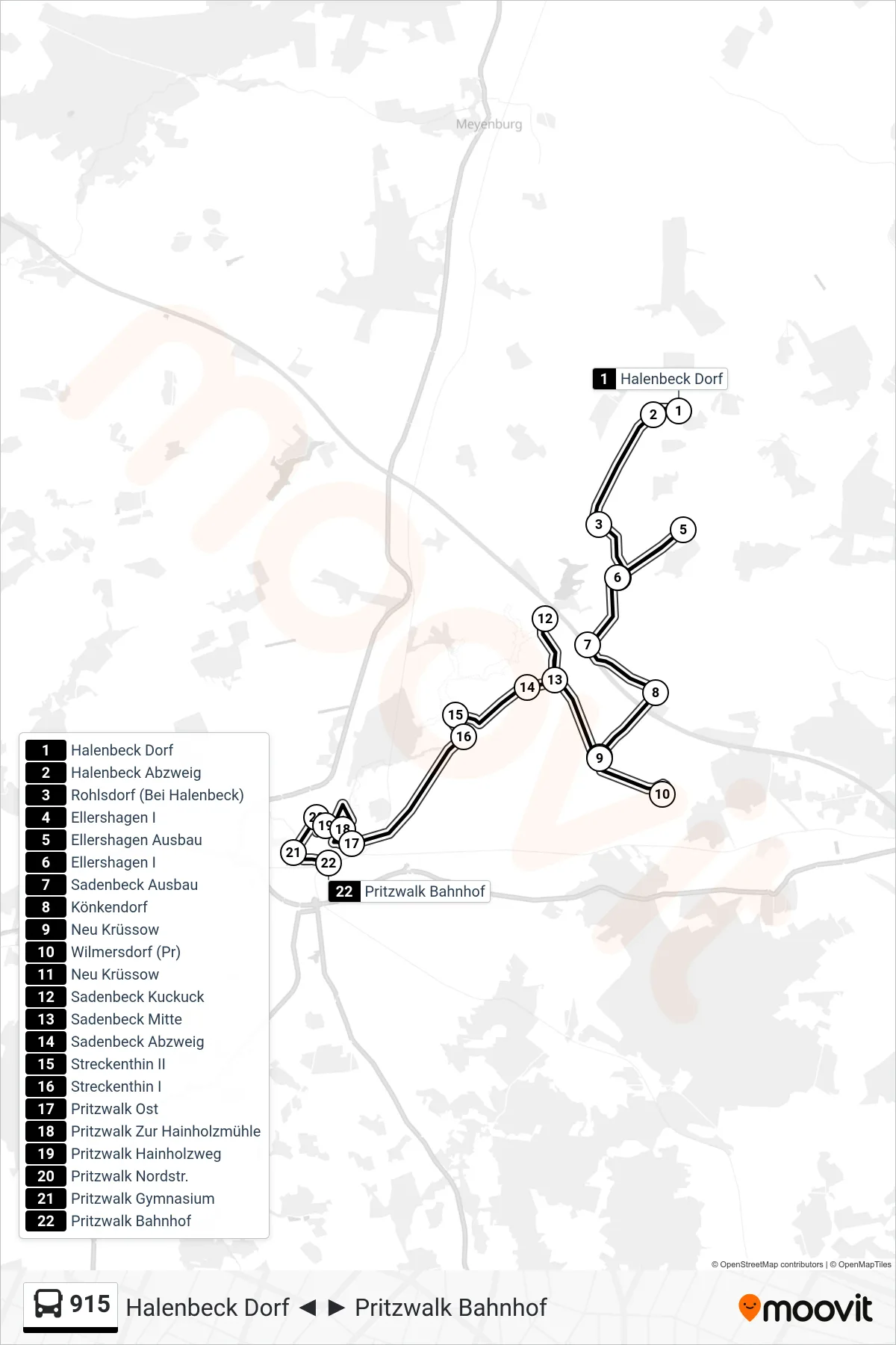 Linie 915 (Bus) Richtung Pritzwalk Bahnhof: Route und Haltestellen auf der Karte